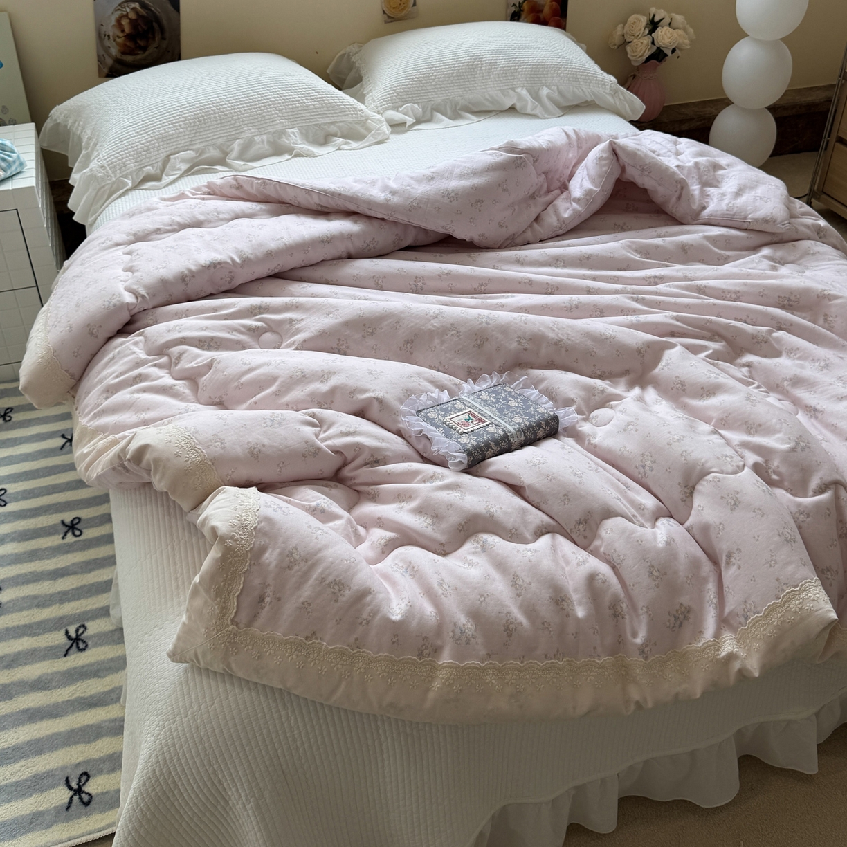 91家纺网 家纺一手货源 找家纺 一加一 2025新款A类全棉纯棉双层纱田园风懒人被冬被被子被芯（可水洗） 玲兰铛-粉