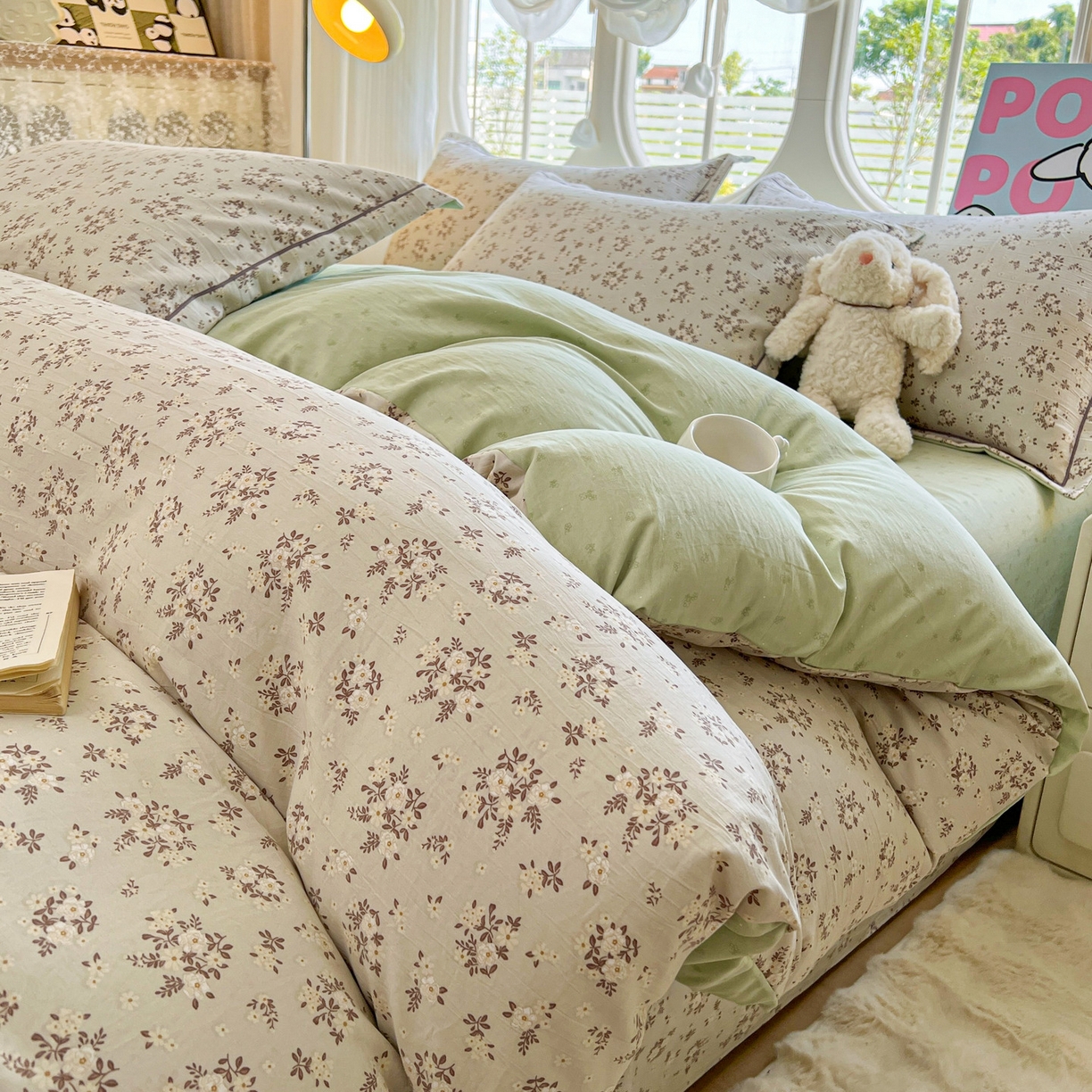 91家纺网 家纺一手货源 找家纺 韩后家纺 2025新款水洗棉印花系列四件套 花晓-绿