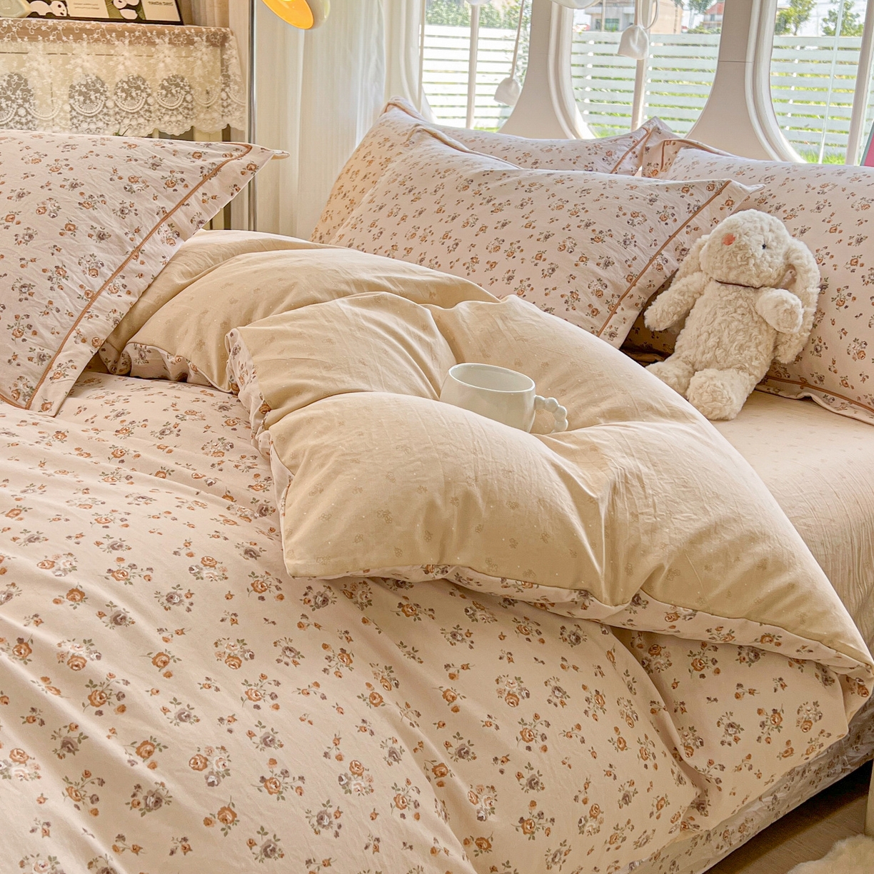 91家纺网 家纺一手货源 找家纺 韩后家纺 2025新款水洗棉印花系列四件套 花初