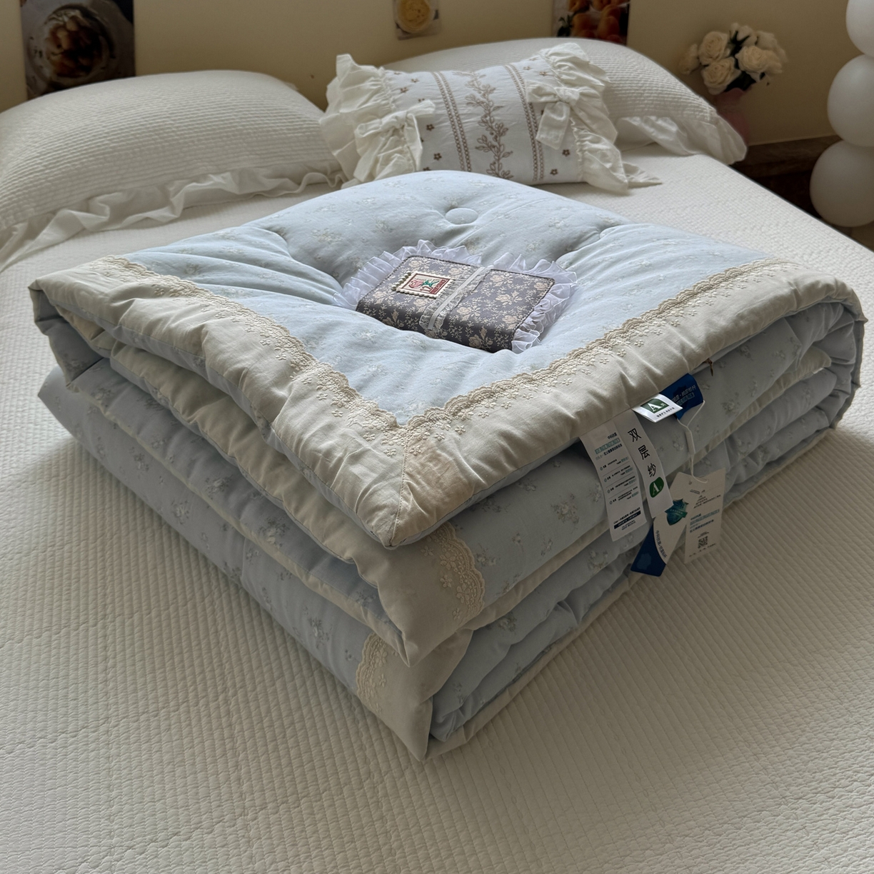 91家纺网 家纺一手货源 找家纺 一加一 2025新款A类全棉纯棉双层纱田园风懒人被冬被被子被芯（可水洗） 玲兰铛-兰