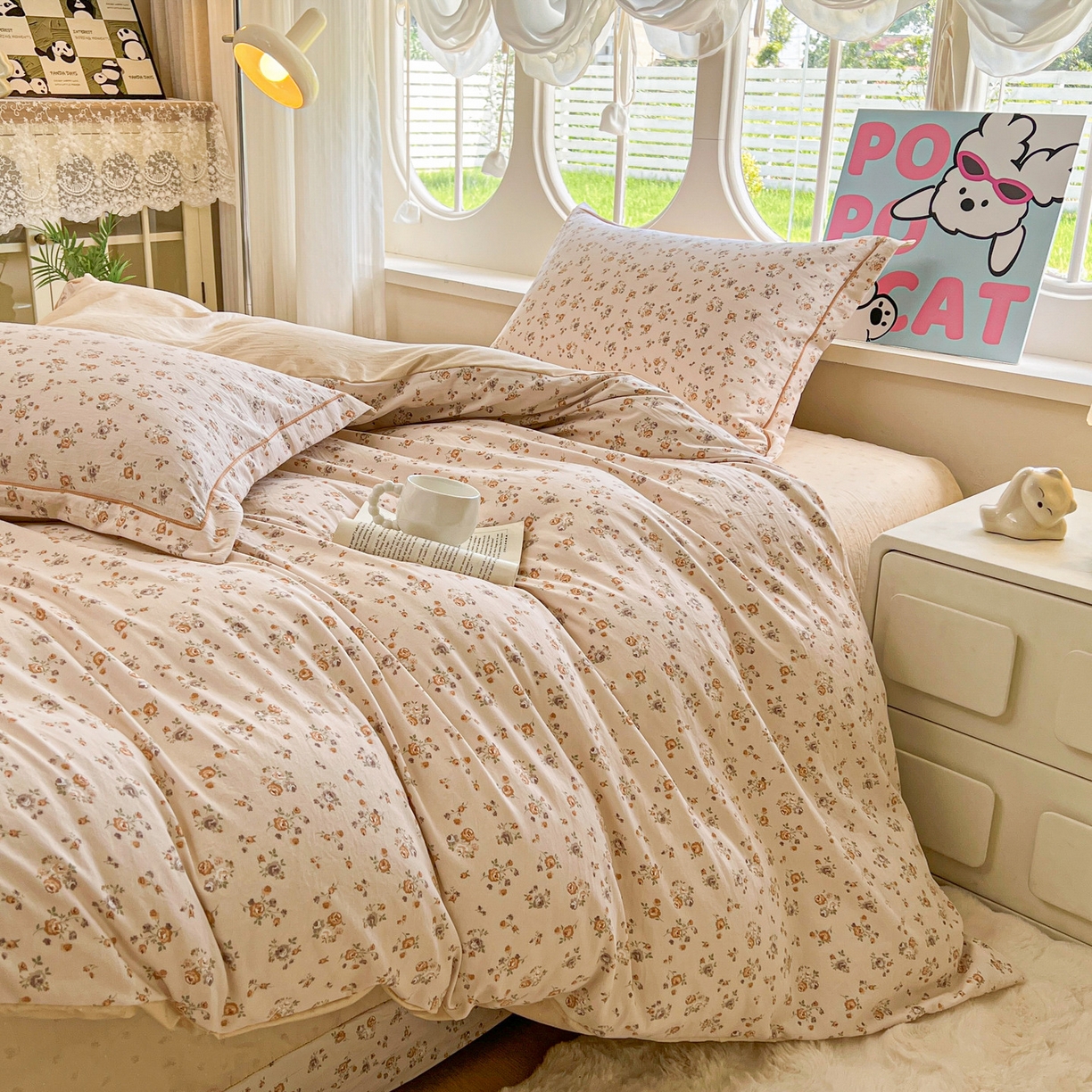 91家纺网 家纺一手货源 找家纺 韩后家纺 2025新款水洗棉印花系列四件套 花初