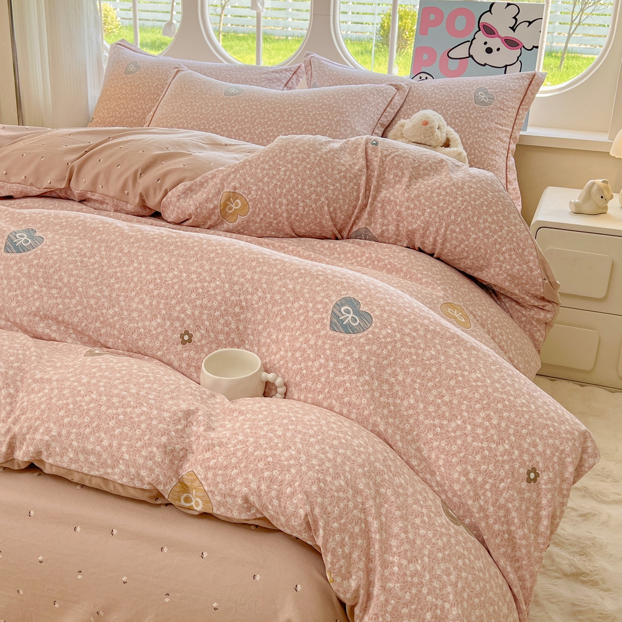 91家纺网 家纺一手货源 找家纺 韩后家纺 2025新款水洗棉印花系列四件套 挽梦-粉