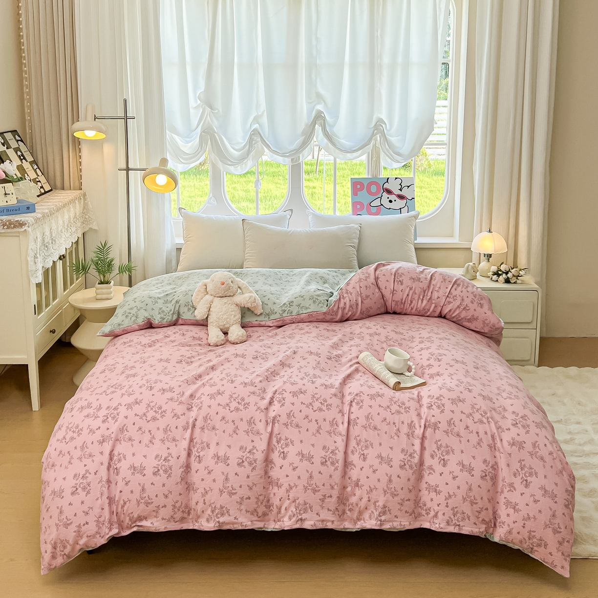 91家纺网 家纺一手货源 找家纺 韩后家纺 2025新款水洗棉印花系列四件套 映入江南-粉