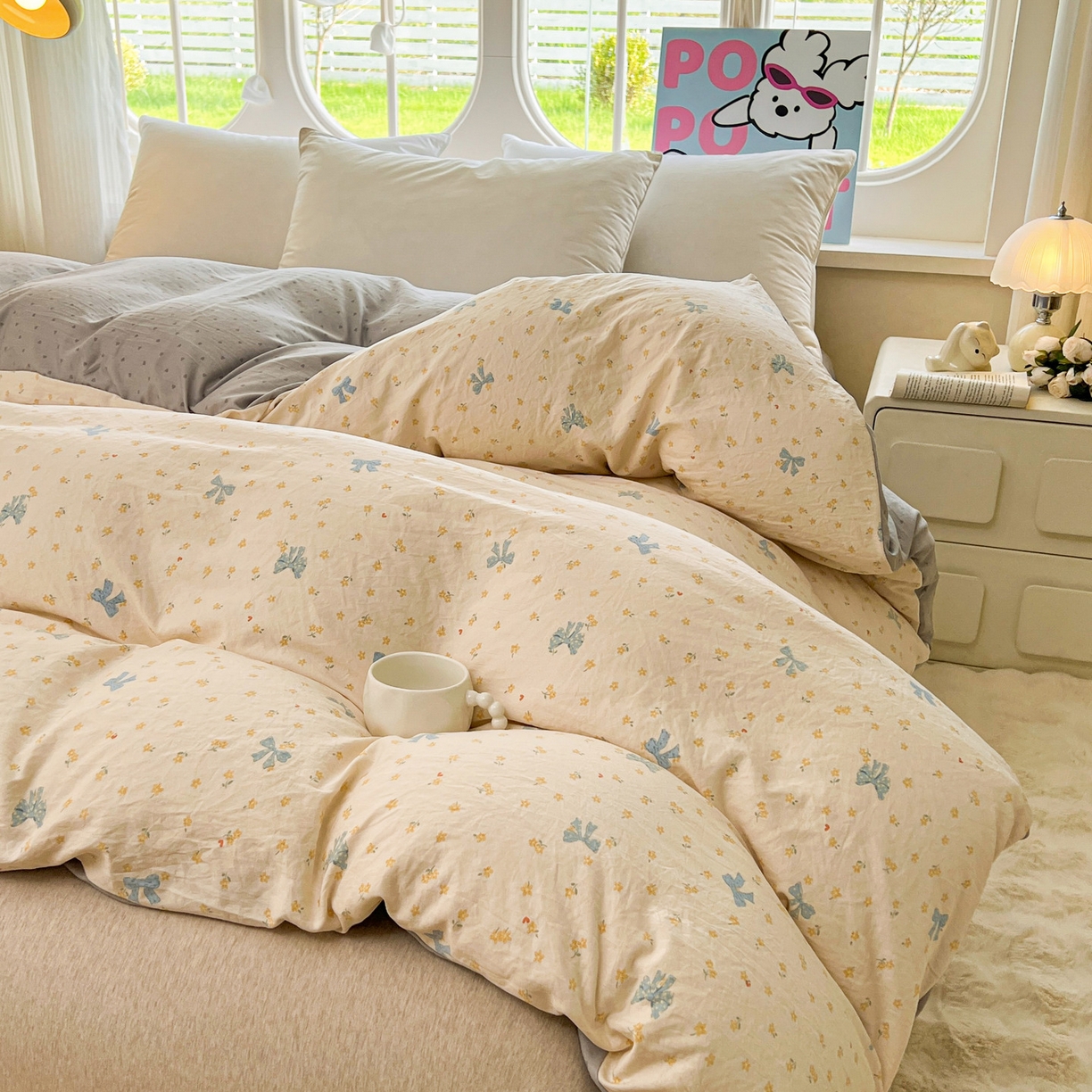 91家纺网 家纺一手货源 找家纺 韩后家纺 2025新款水洗棉印花系列四件套 波点淡翠-黄