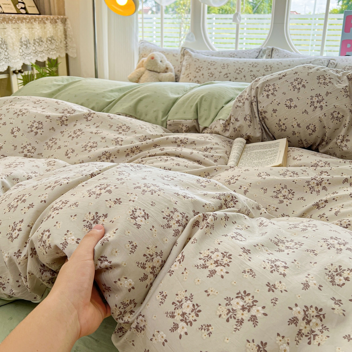 91家纺网 家纺一手货源 找家纺 韩后家纺 2025新款水洗棉印花系列四件套 花晓-绿