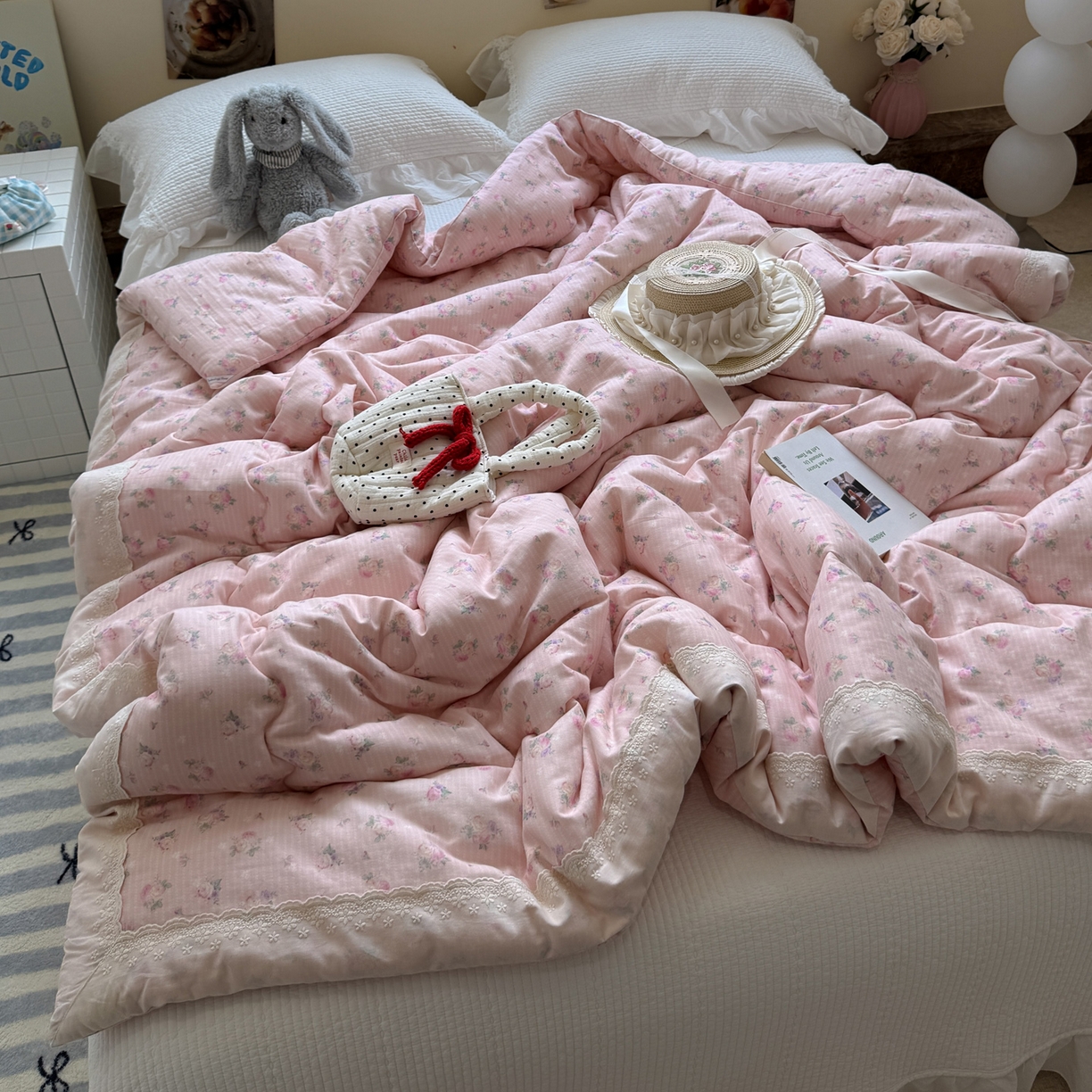 91家纺网 家纺一手货源 找家纺 一加一 2025新款A类全棉纯棉双层纱田园风懒人被冬被被子被芯（可水洗） 花初梦