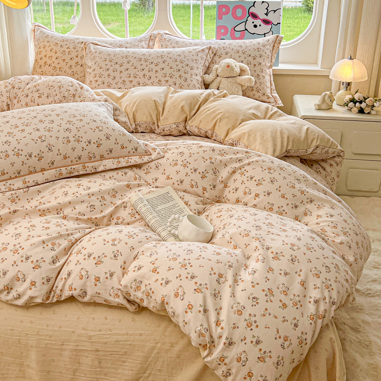 91家纺网 家纺一手货源 找家纺 韩后家纺 2025新款水洗棉印花系列四件套 花初