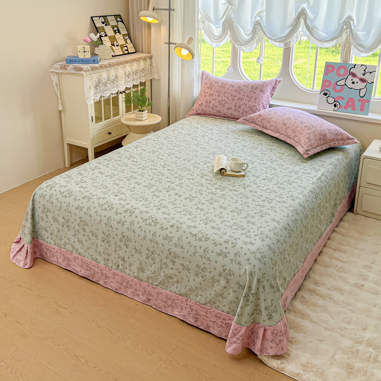 91家纺网 家纺一手货源 找家纺 韩后家纺 2025新款水洗棉印花系列四件套 映入江南-粉