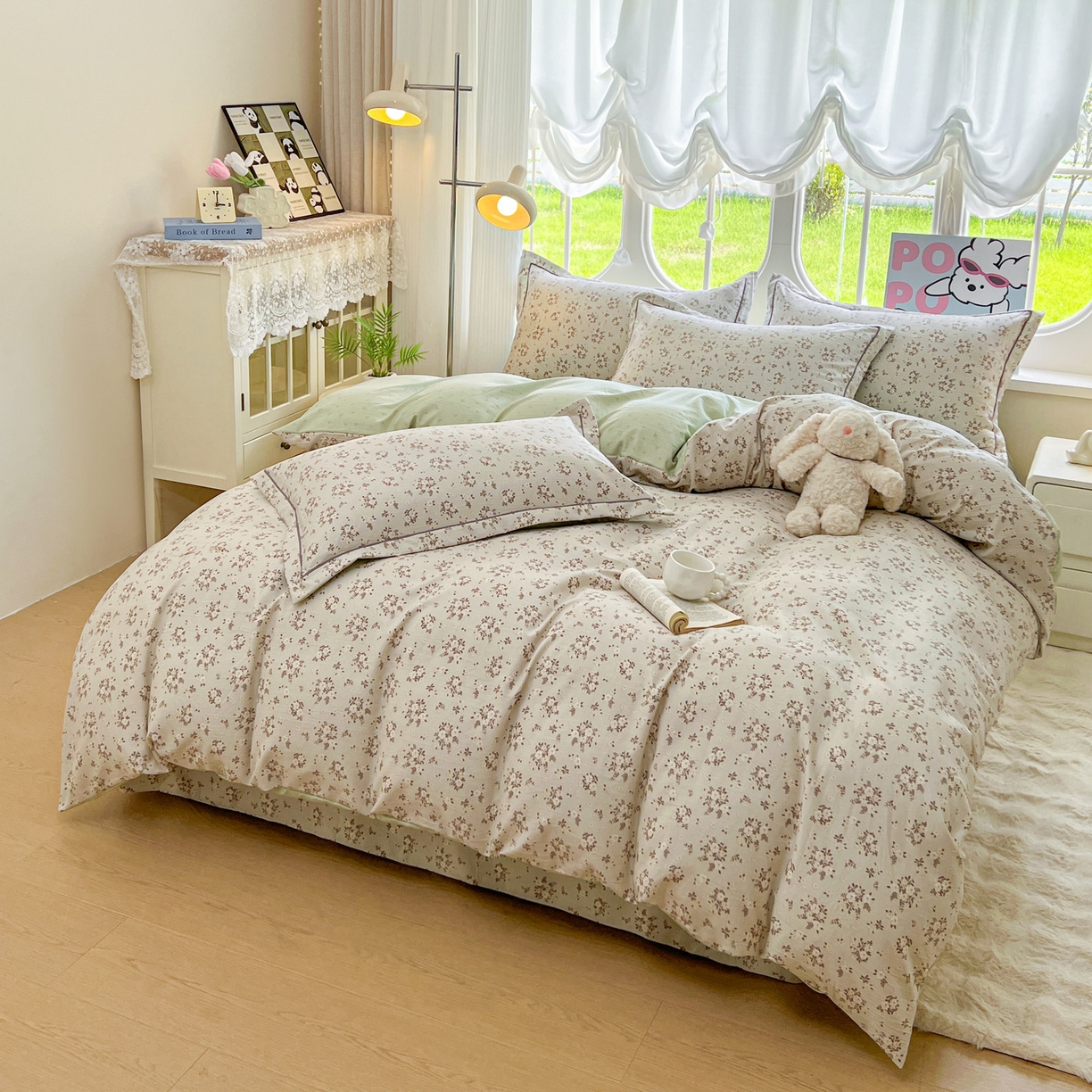 91家纺网 家纺一手货源 找家纺 韩后家纺 2025新款水洗棉印花系列四件套 花晓-绿