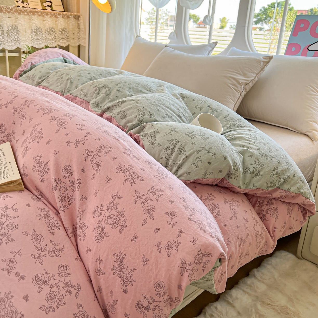 91家纺网 家纺一手货源 找家纺 韩后家纺 2025新款水洗棉印花系列四件套 映入江南-粉