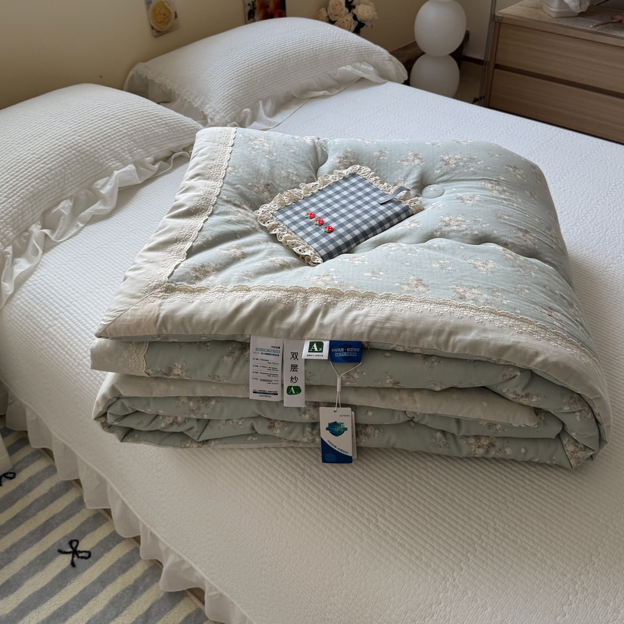 91家纺网 家纺一手货源 找家纺 一加一 2025新款A类全棉纯棉双层纱田园风懒人被冬被被子被芯（可水洗） 浮沉未央-绿