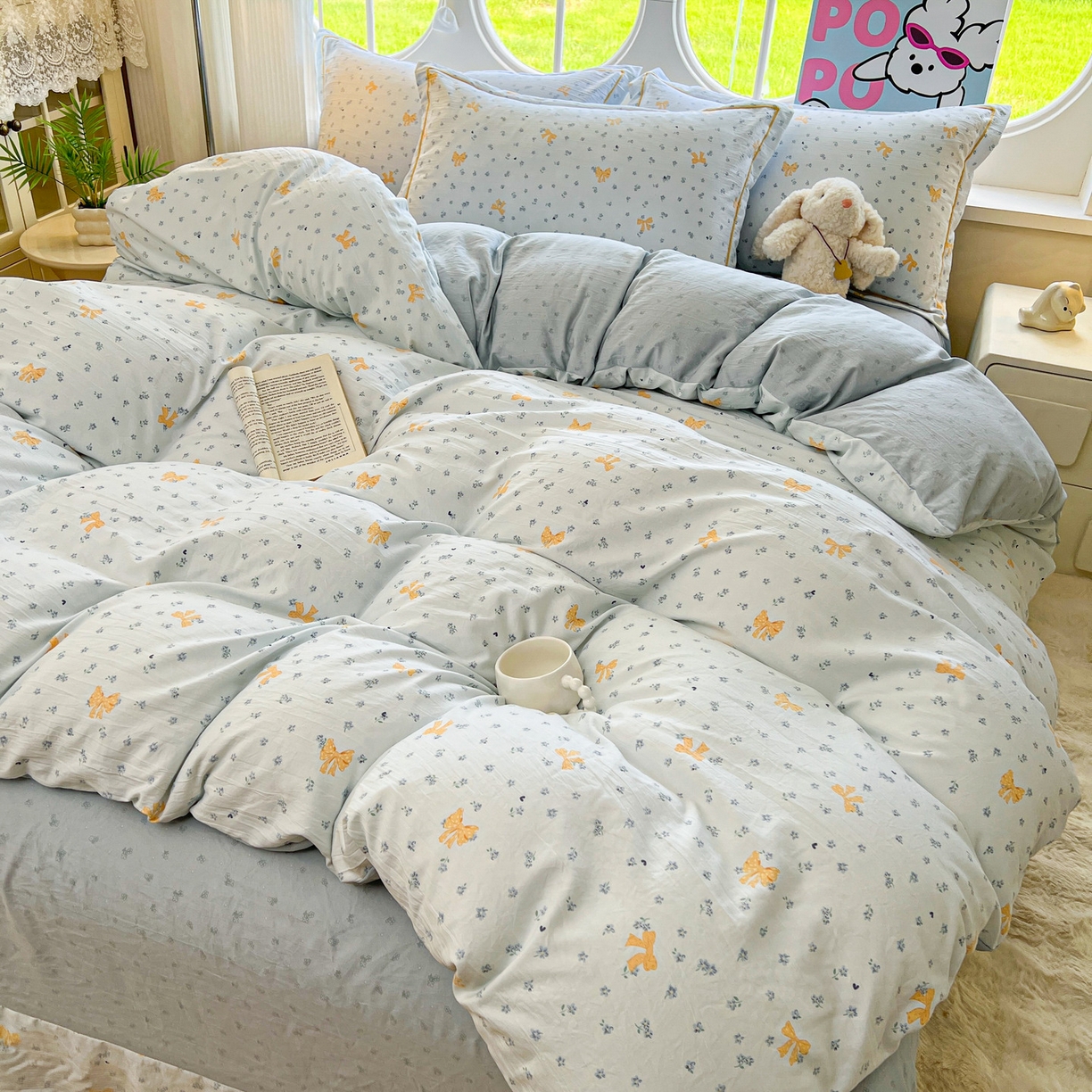 91家纺网 家纺一手货源 找家纺 韩后家纺 2025新款水洗棉印花系列四件套 波点淡翠-兰