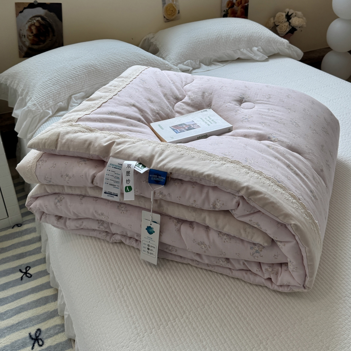 91家纺网 家纺一手货源 找家纺 一加一 2025新款A类全棉纯棉双层纱田园风懒人被冬被被子被芯（可水洗） 玲兰铛-粉