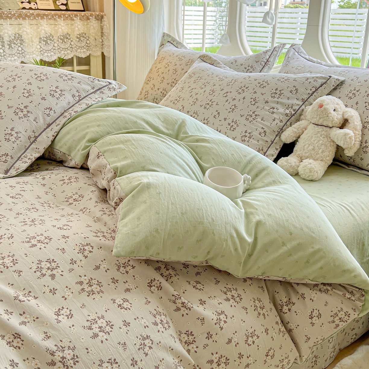 91家纺网 家纺一手货源 找家纺 韩后家纺 2025新款水洗棉印花系列四件套 花晓-绿