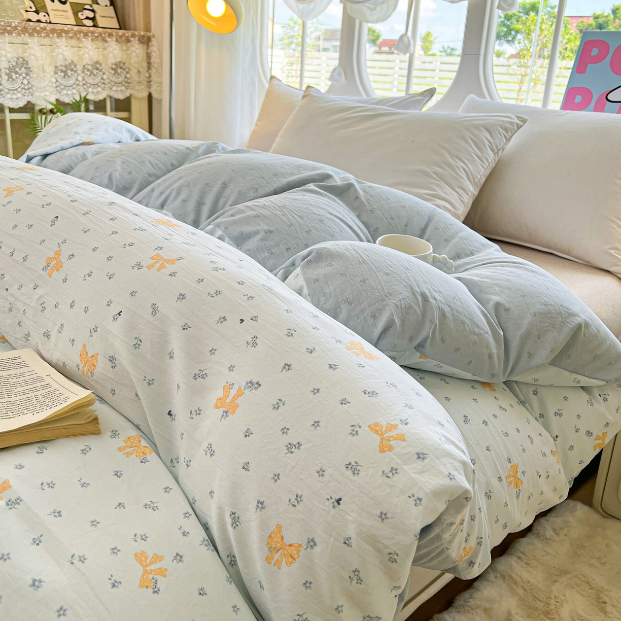 91家纺网 家纺一手货源 找家纺 韩后家纺 2025新款水洗棉印花系列四件套 波点淡翠-兰