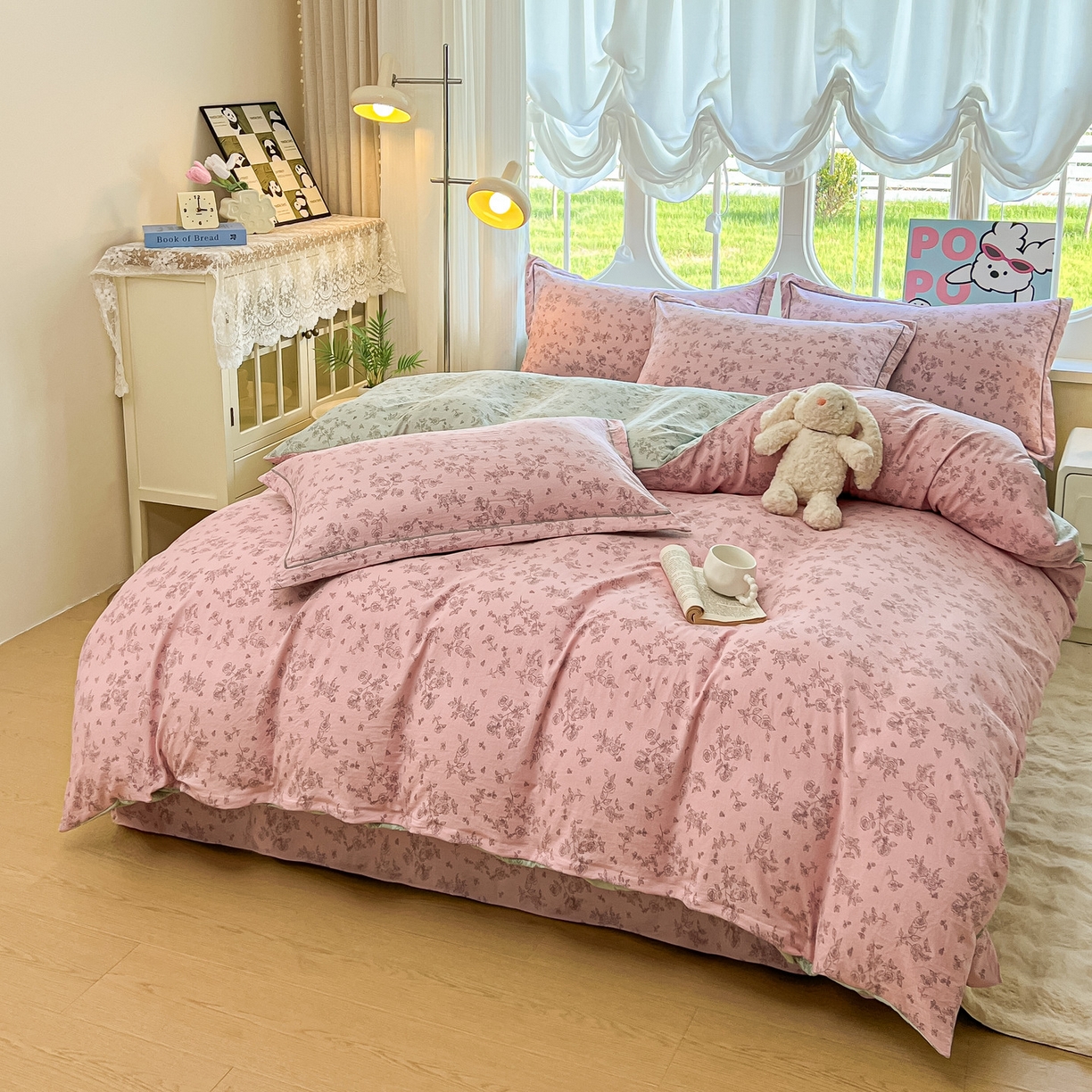 91家纺网 家纺一手货源 找家纺 韩后家纺 2025新款水洗棉印花系列四件套 映入江南-粉