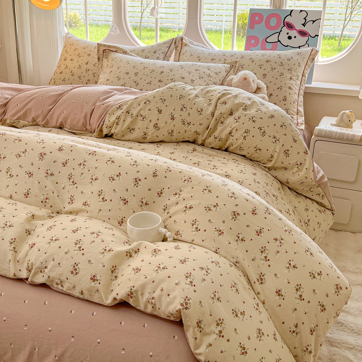 91家纺网 家纺一手货源 找家纺 韩后家纺 2025新款水洗棉印花系列四件套 黛秋-杏