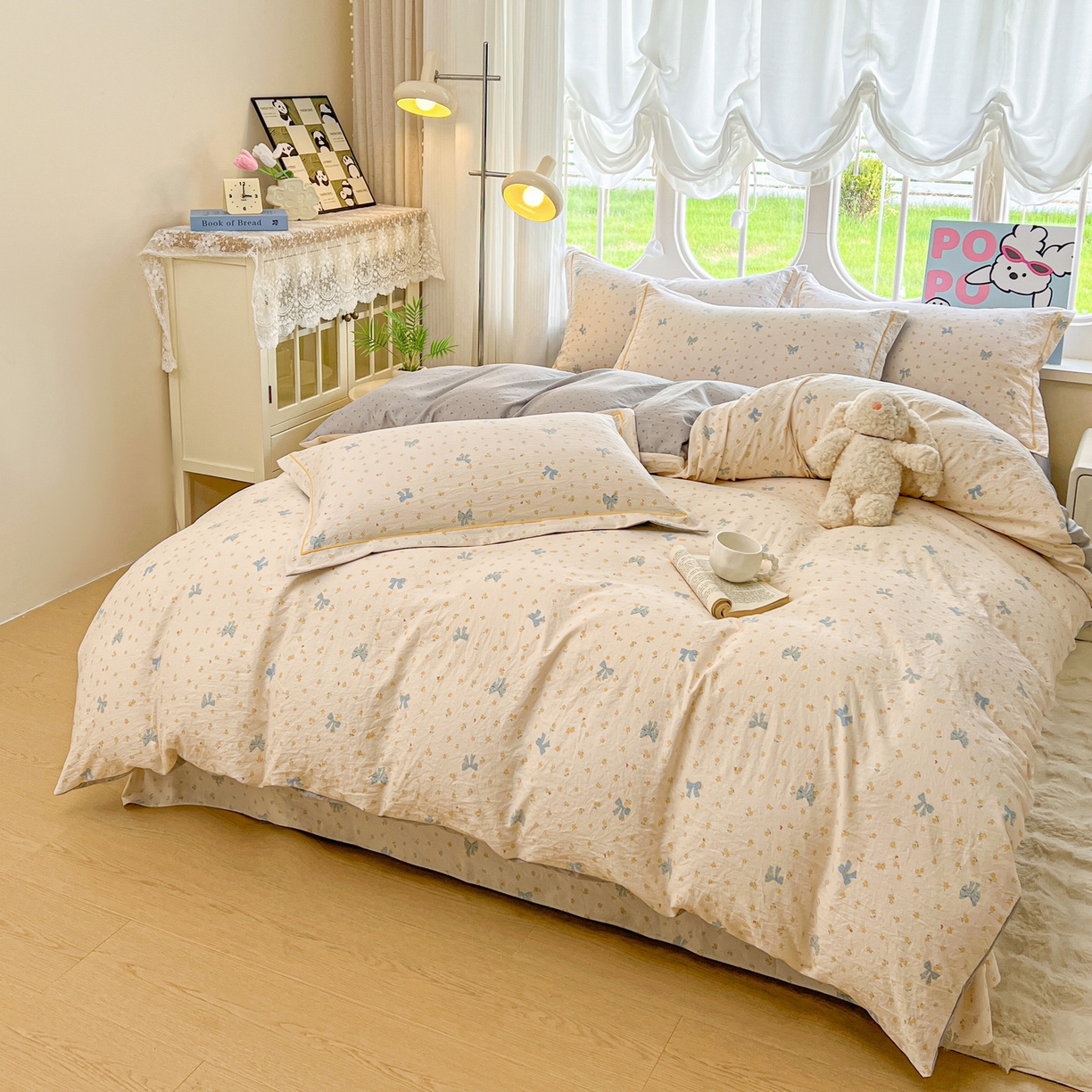 91家纺网 家纺一手货源 找家纺 韩后家纺 2025新款水洗棉印花系列四件套 波点淡翠-黄