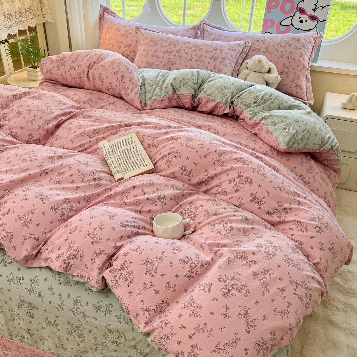 91家纺网 家纺一手货源 找家纺 韩后家纺 2025新款水洗棉印花系列四件套 映入江南-粉