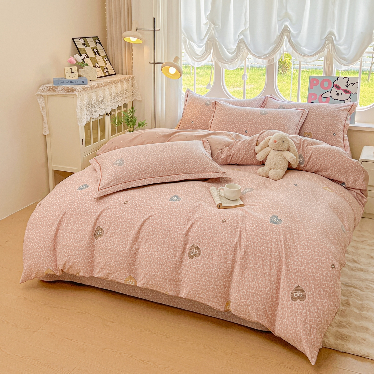 91家纺网 家纺一手货源 找家纺 韩后家纺 2025新款水洗棉印花系列四件套 挽梦-粉