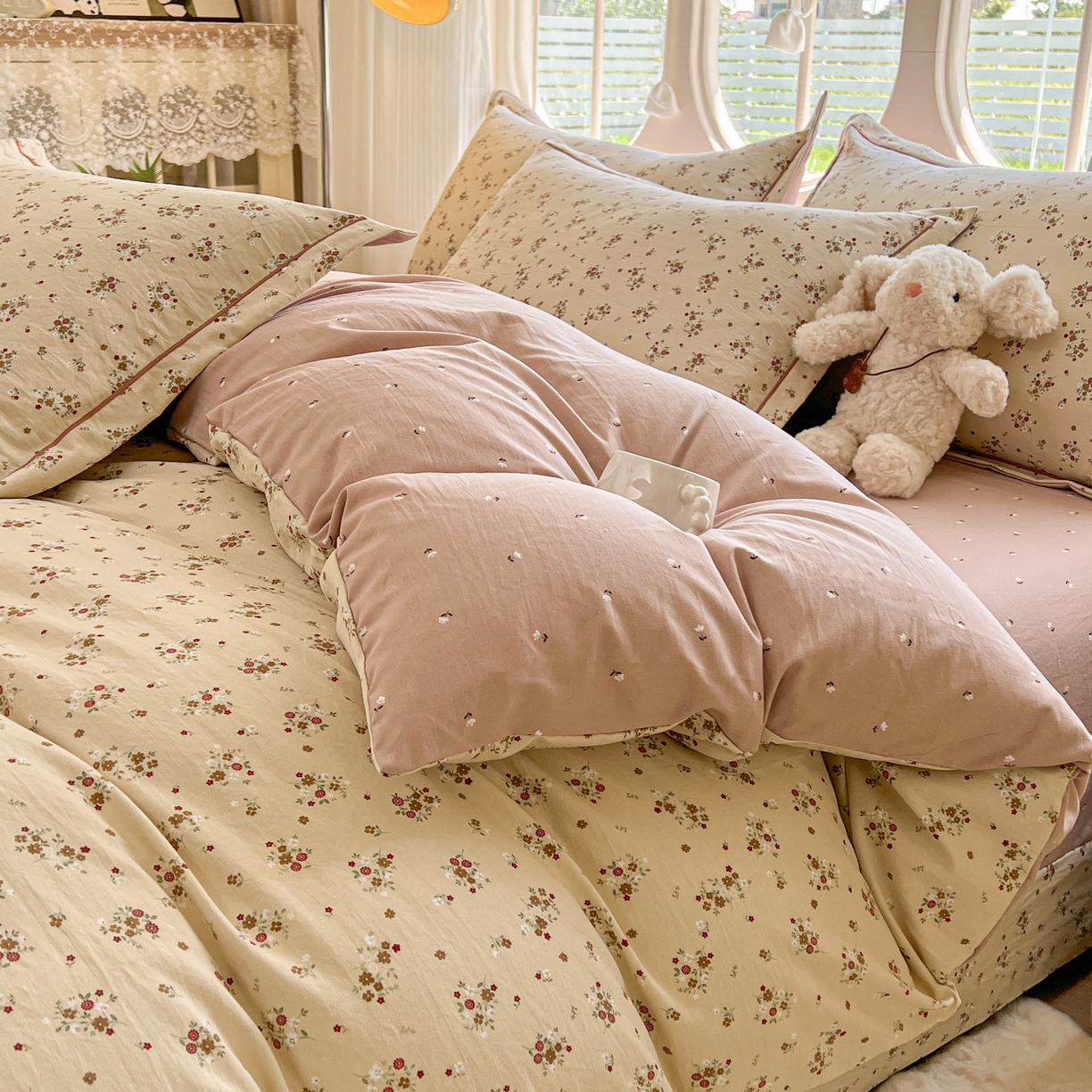 91家纺网 家纺一手货源 找家纺 韩后家纺 2025新款水洗棉印花系列四件套 黛秋-杏