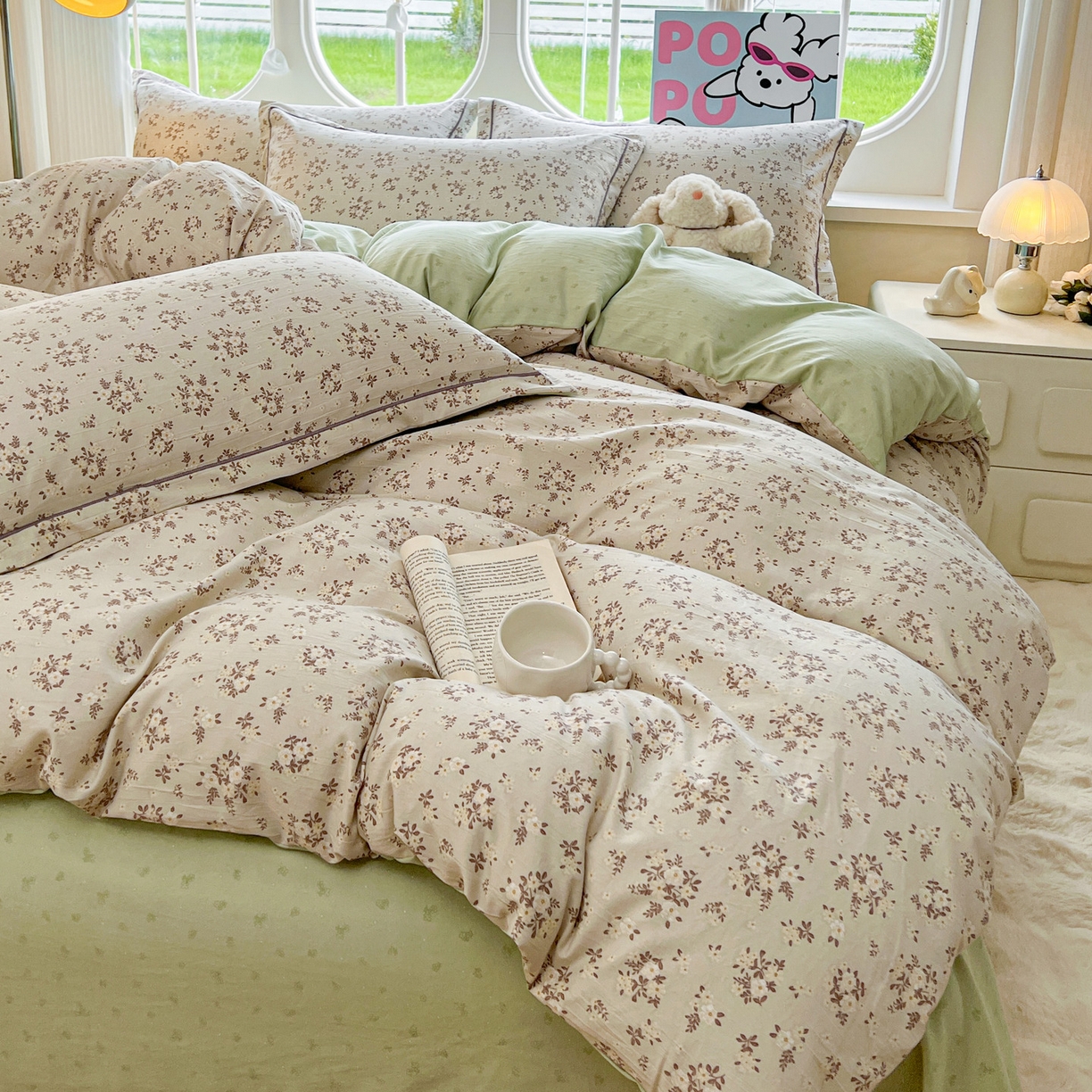 91家纺网 家纺一手货源 找家纺 韩后家纺 2025新款水洗棉印花系列四件套 花晓-绿