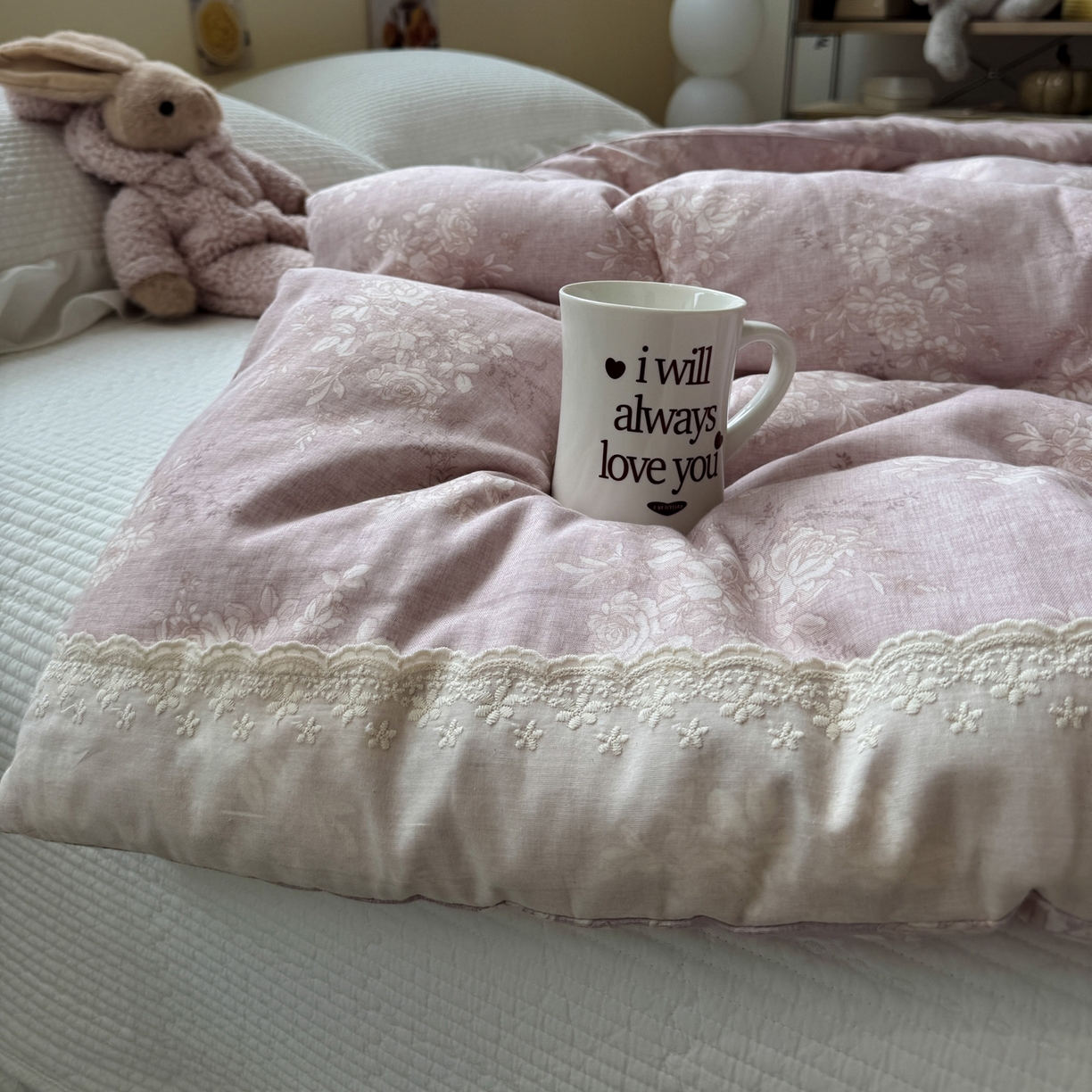 91家纺网 家纺一手货源 找家纺 一加一 2025新款A类全棉纯棉双层纱田园风懒人被冬被被子被芯（可水洗） 花蔓花影-粉