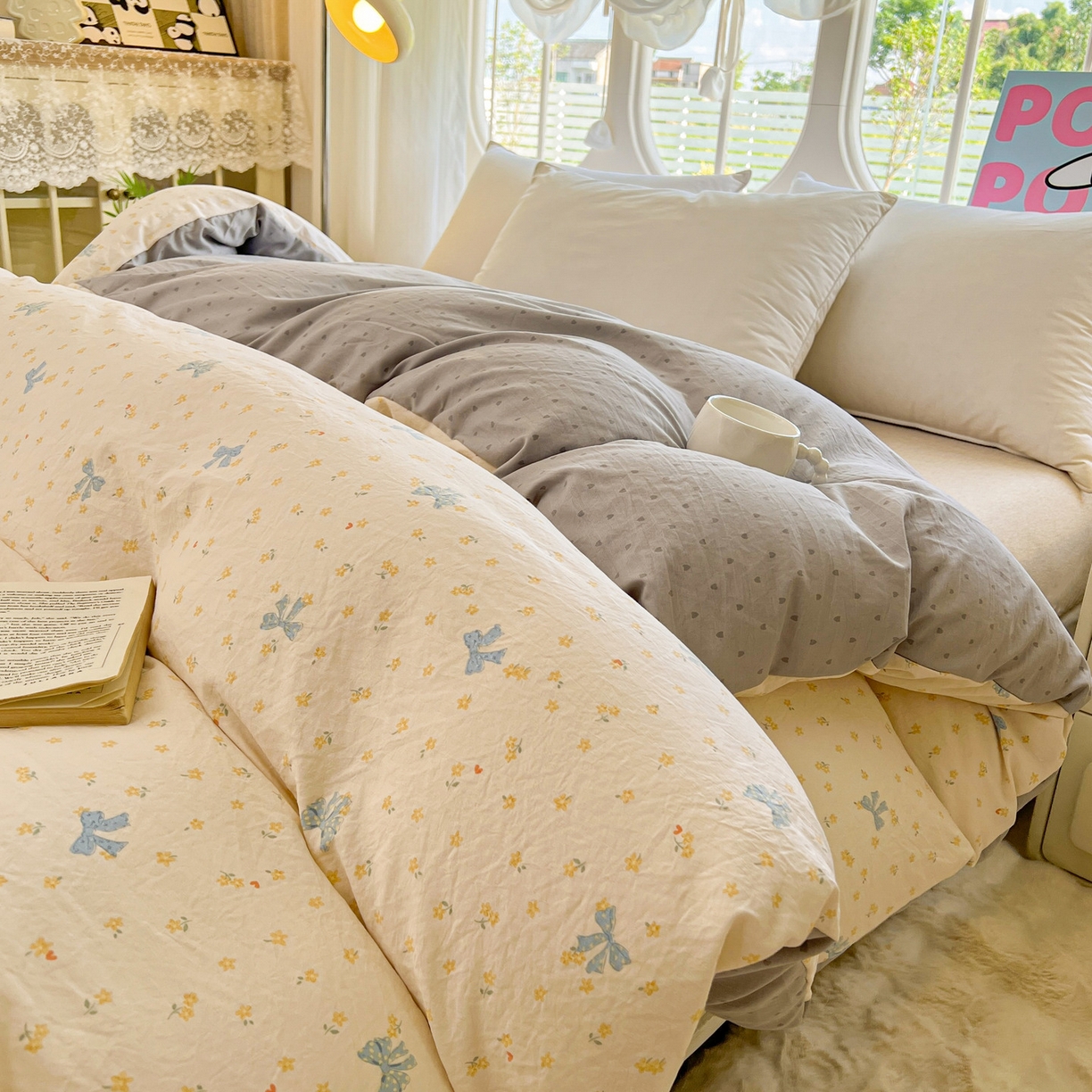 91家纺网 家纺一手货源 找家纺 韩后家纺 2025新款水洗棉印花系列四件套 波点淡翠-黄