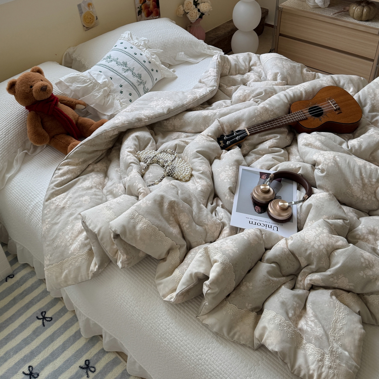 91家纺网 家纺一手货源 找家纺 一加一 2025新款A类全棉纯棉双层纱田园风懒人被冬被被子被芯（可水洗） 花蔓花影-灰