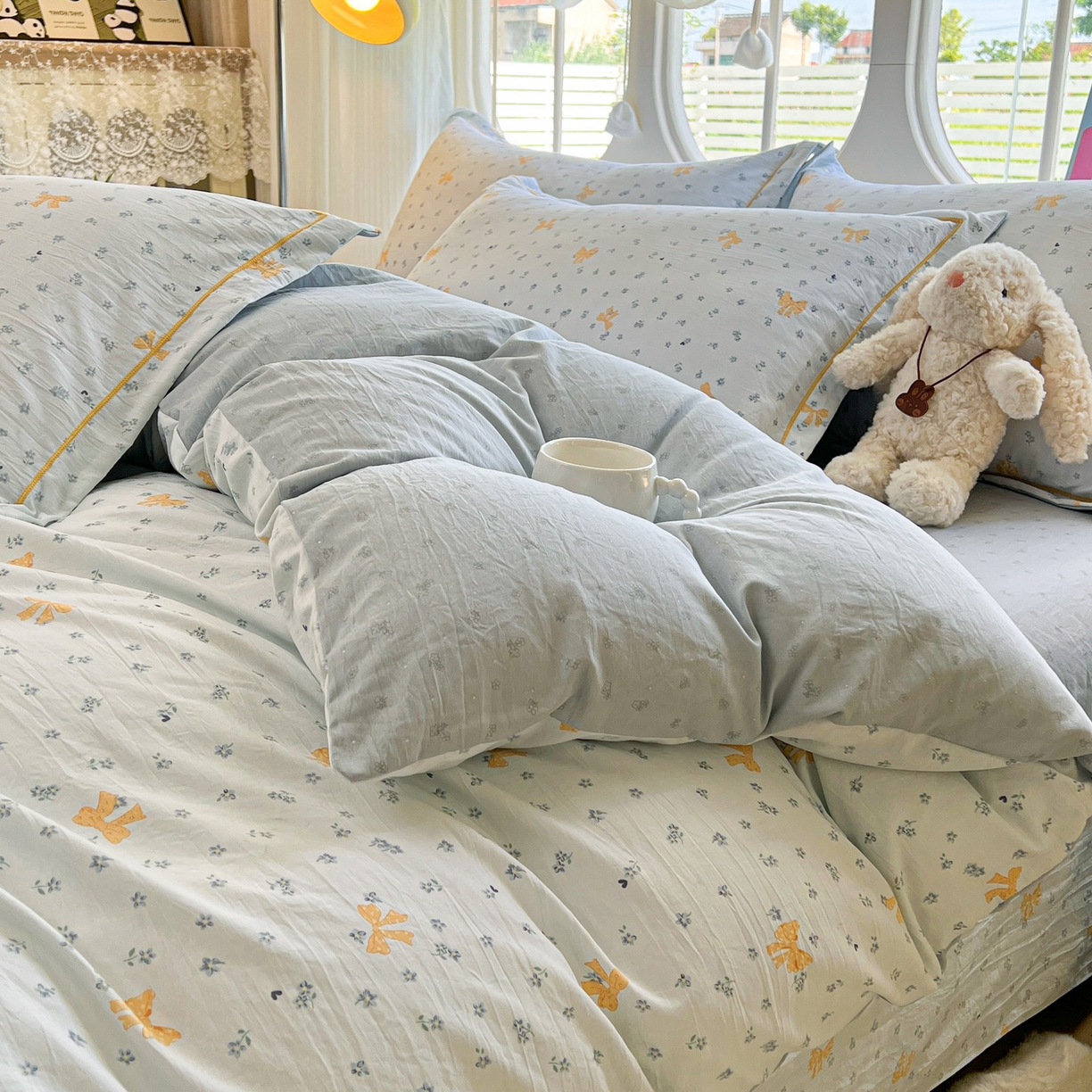 91家纺网 家纺一手货源 找家纺 韩后家纺 2025新款水洗棉印花系列四件套 波点淡翠-兰