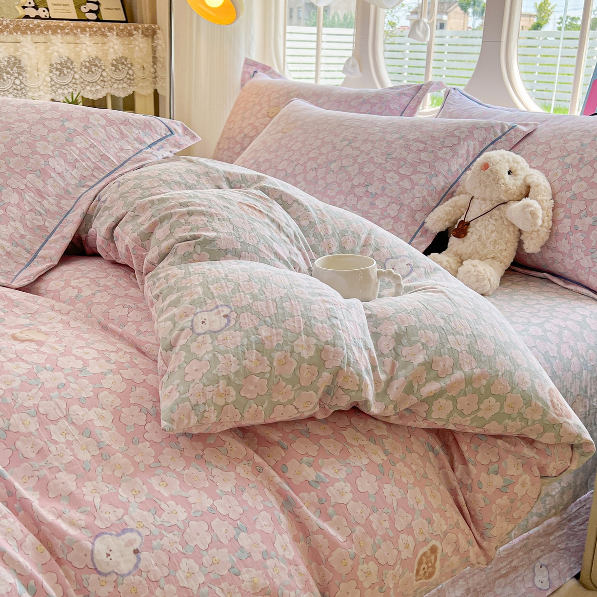 91家纺网 家纺一手货源 找家纺 韩后家纺 2025新款水洗棉印花系列四件套 轻颜-粉