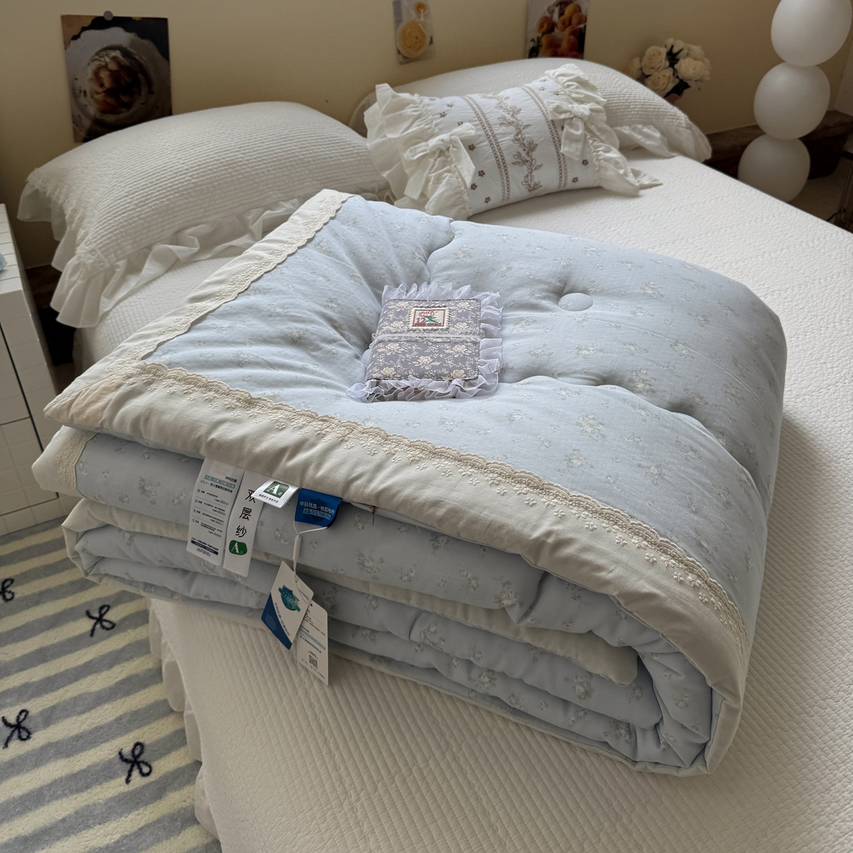 91家纺网 家纺一手货源 找家纺 一加一 2025新款A类全棉纯棉双层纱田园风懒人被冬被被子被芯（可水洗） 玲兰铛-兰