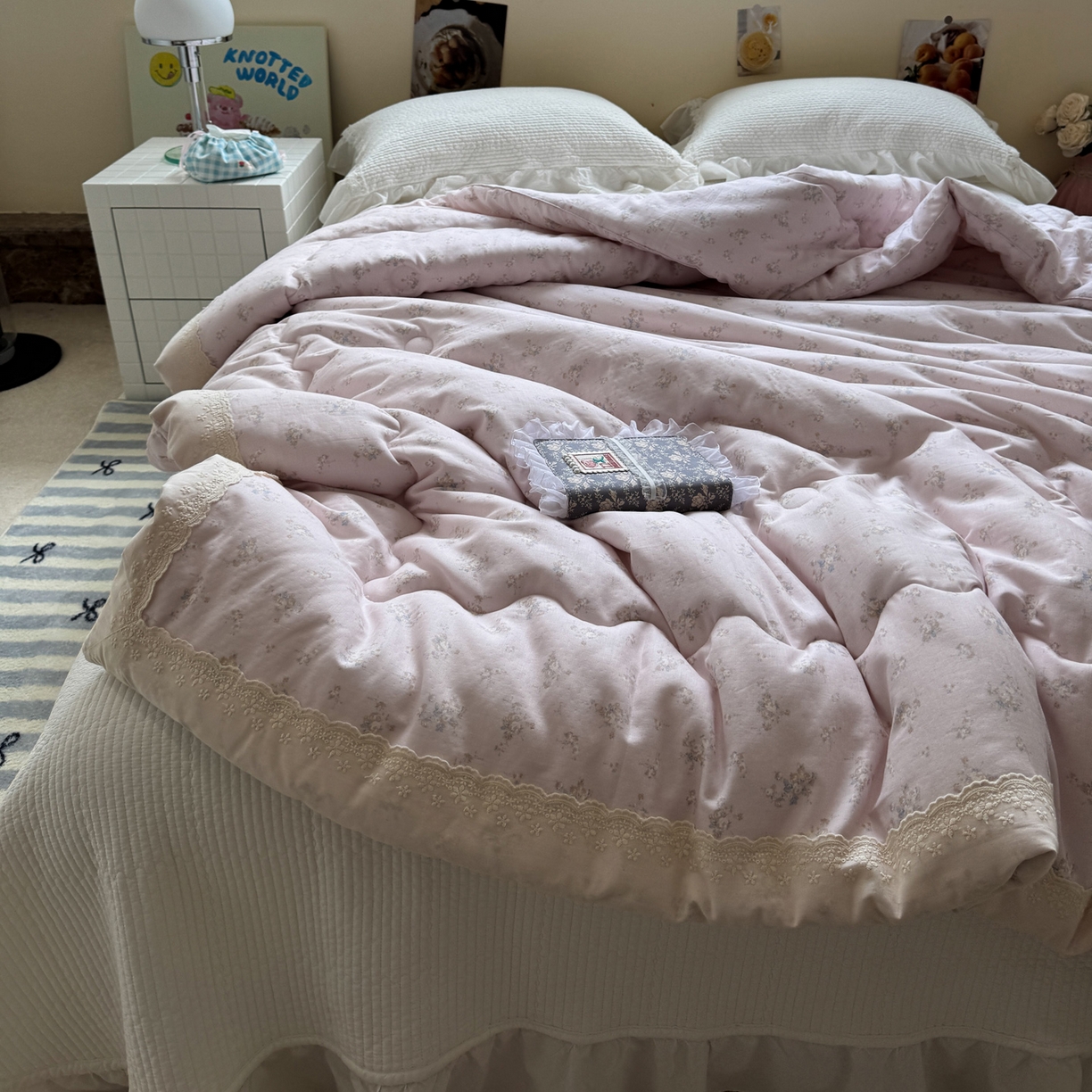 91家纺网 家纺一手货源 找家纺 一加一 2025新款A类全棉纯棉双层纱田园风懒人被冬被被子被芯（可水洗） 玲兰铛-粉