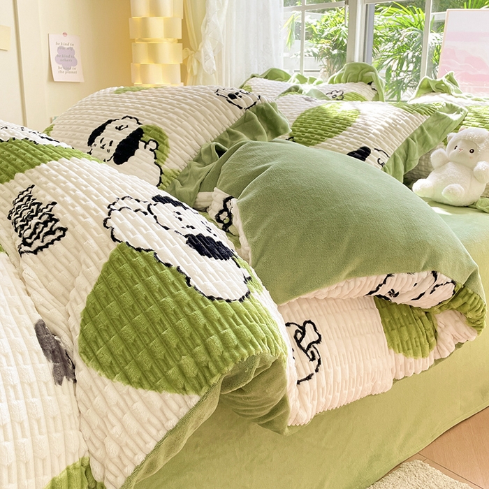 摩妮卡 2025新款提花豆豆绒卡通印花牛奶绒四件套 萌趣狗