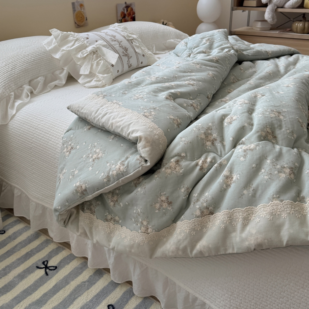 91家纺网 家纺一手货源 找家纺 一加一 2025新款A类全棉纯棉双层纱田园风懒人被冬被被子被芯（可水洗） 浮沉未央-绿