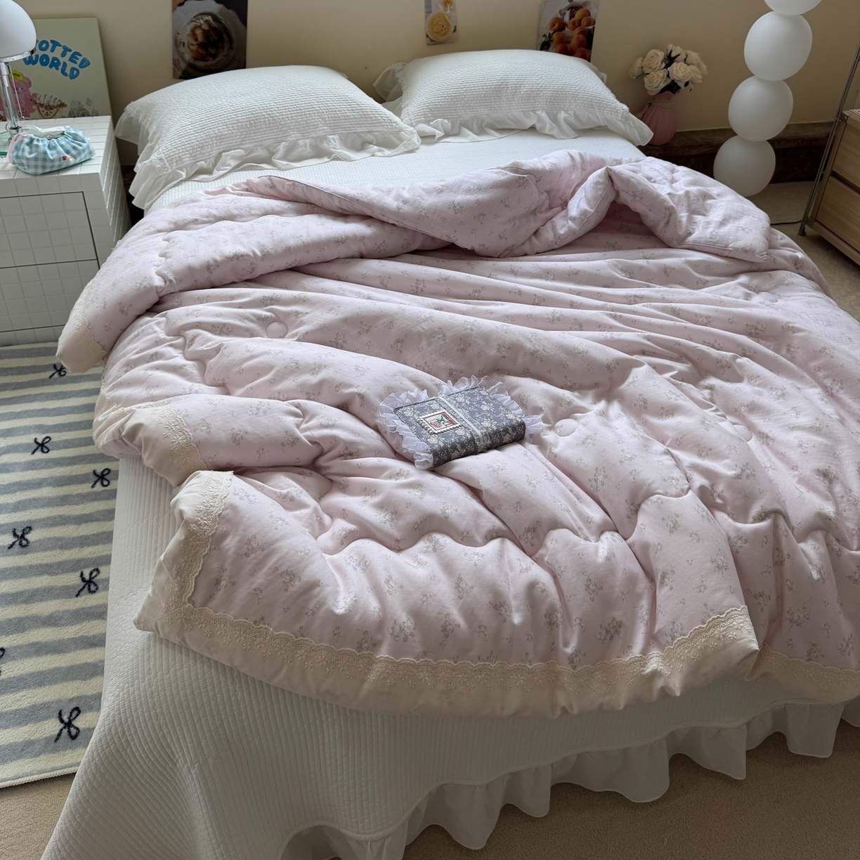 91家纺网 家纺一手货源 找家纺 一加一 2025新款A类全棉纯棉双层纱田园风懒人被冬被被子被芯（可水洗） 玲兰铛-粉