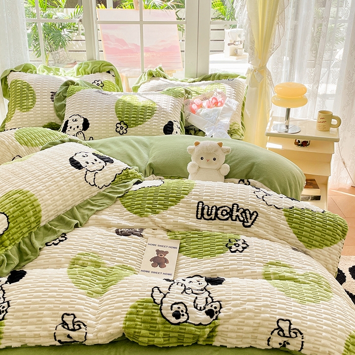 91家纺网 家纺一手货源 找家纺 摩妮卡 2025新款提花豆豆绒卡通印花牛奶绒四件套 萌趣狗