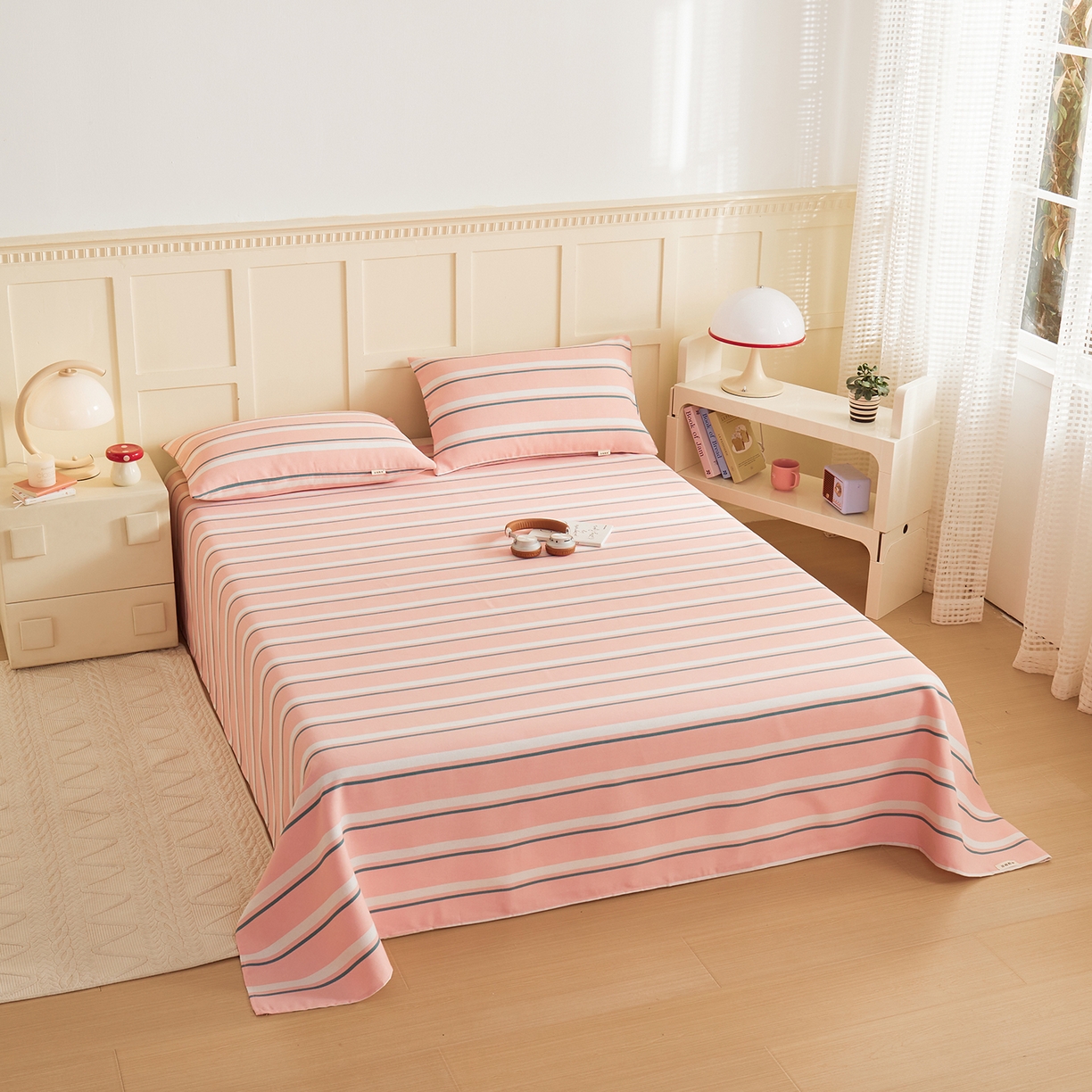 91家纺网 家纺一手货源 找家纺 青泽家纺 2025新款原棉标老粗布系列床单三件套 时尚粉