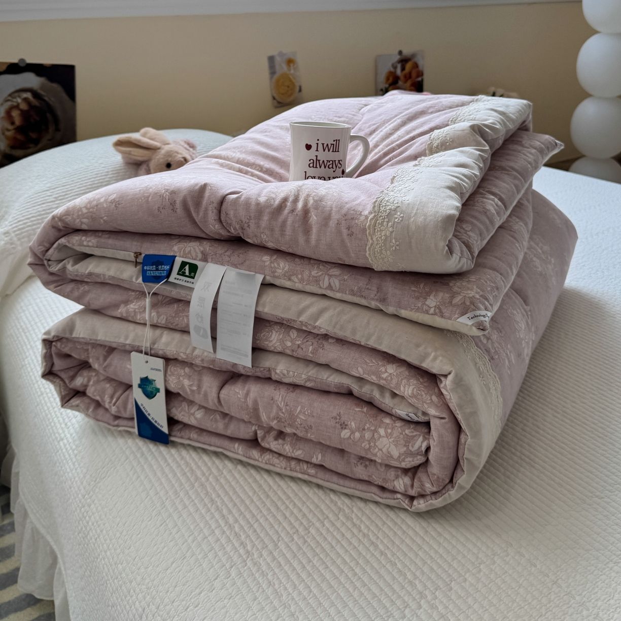 91家纺网 家纺一手货源 找家纺 一加一 2025新款A类全棉纯棉双层纱田园风懒人被冬被被子被芯（可水洗） 花蔓花影-粉