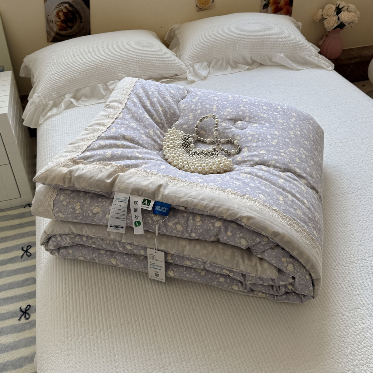 91家纺网 家纺一手货源 找家纺 一加一 2025新款A类全棉纯棉双层纱田园风懒人被冬被被子被芯（可水洗） 梦醒花间-灰