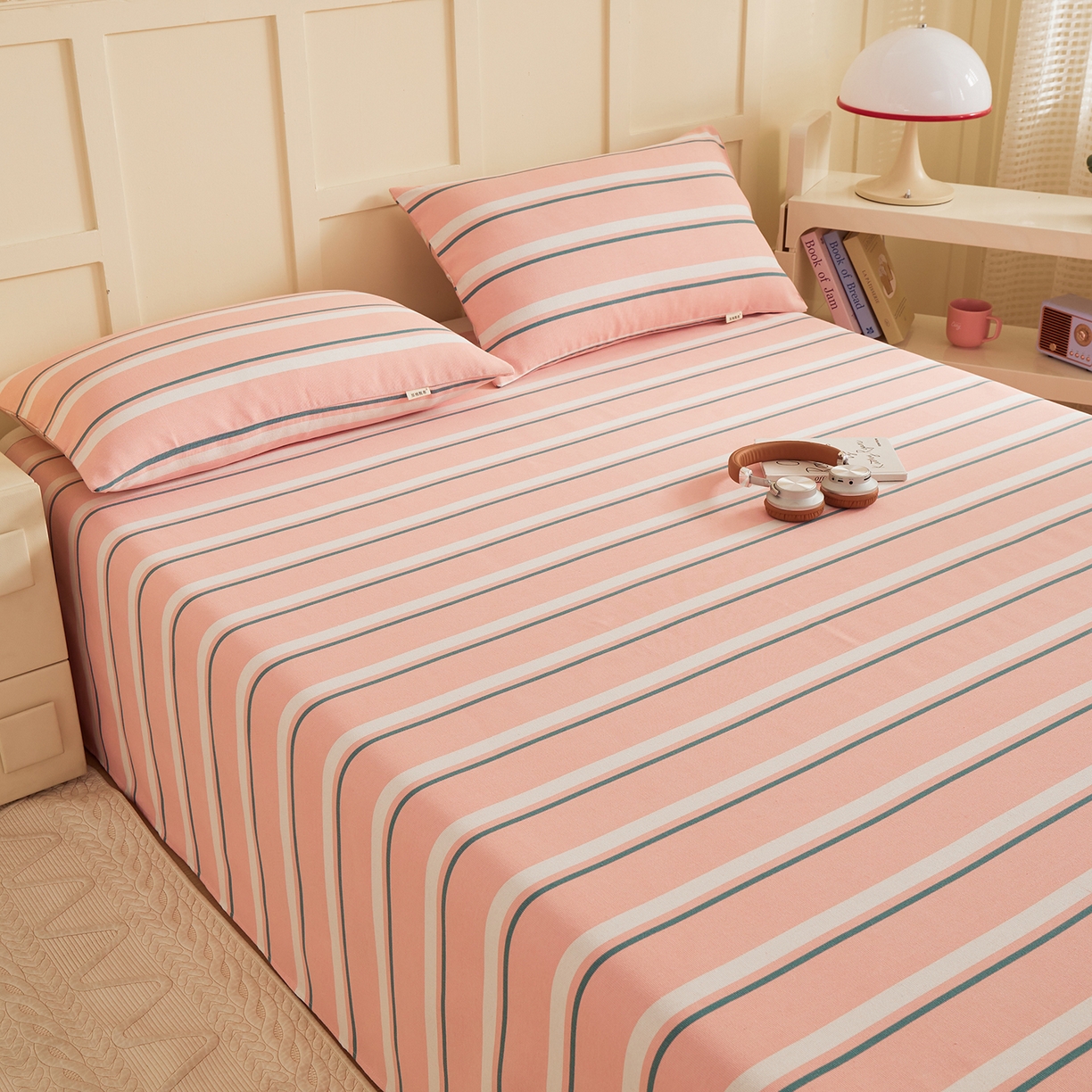 91家纺网 家纺一手货源 找家纺 青泽家纺 2025新款原棉标老粗布系列床单三件套 时尚粉