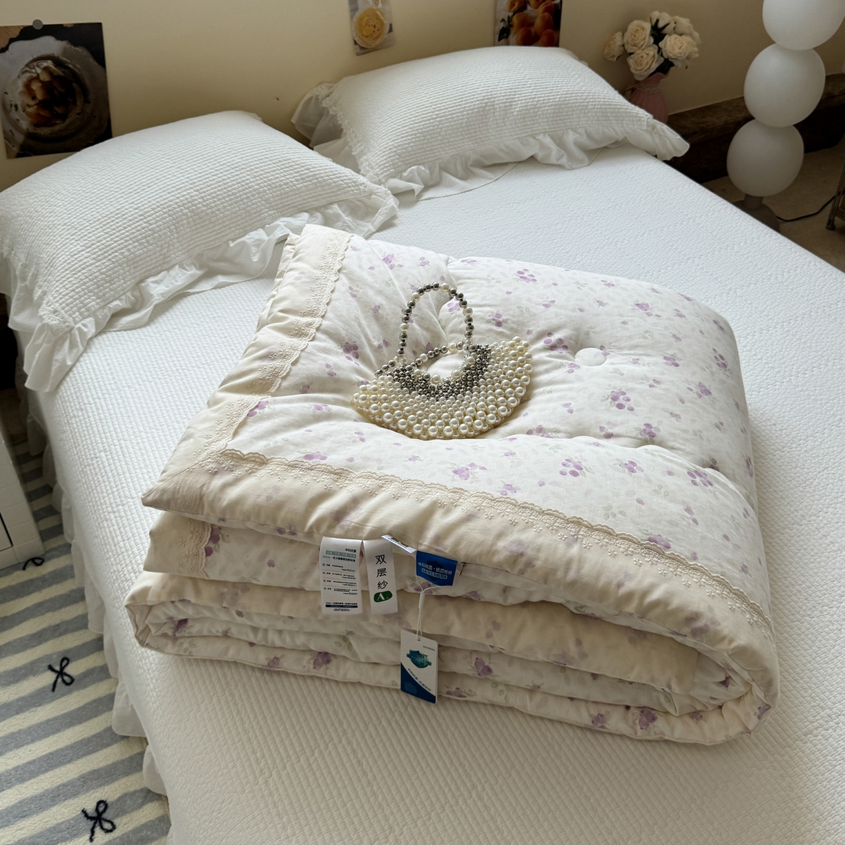 91家纺网 家纺一手货源 找家纺 一加一 2025新款A类全棉纯棉双层纱田园风懒人被冬被被子被芯（可水洗） 莓果雨