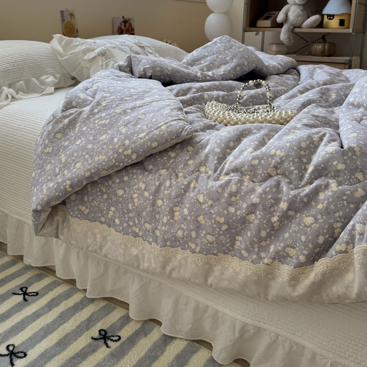 91家纺网 家纺一手货源 找家纺 一加一 2025新款A类全棉纯棉双层纱田园风懒人被冬被被子被芯（可水洗） 梦醒花间-灰