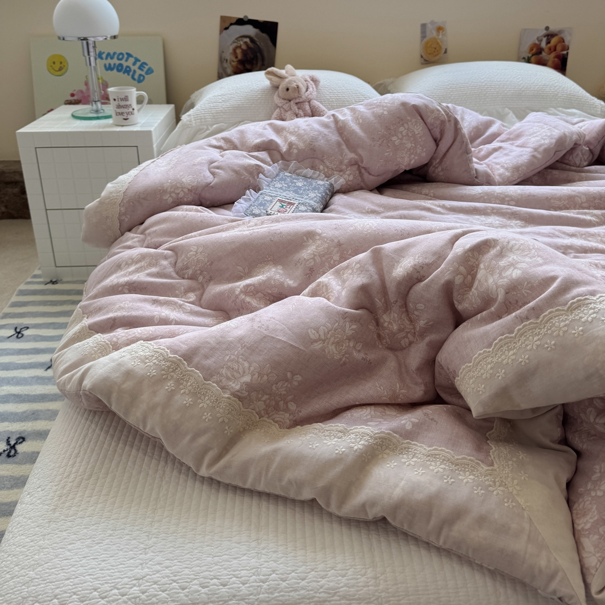 91家纺网 家纺一手货源 找家纺 一加一 2025新款A类全棉纯棉双层纱田园风懒人被冬被被子被芯（可水洗） 花蔓花影-粉