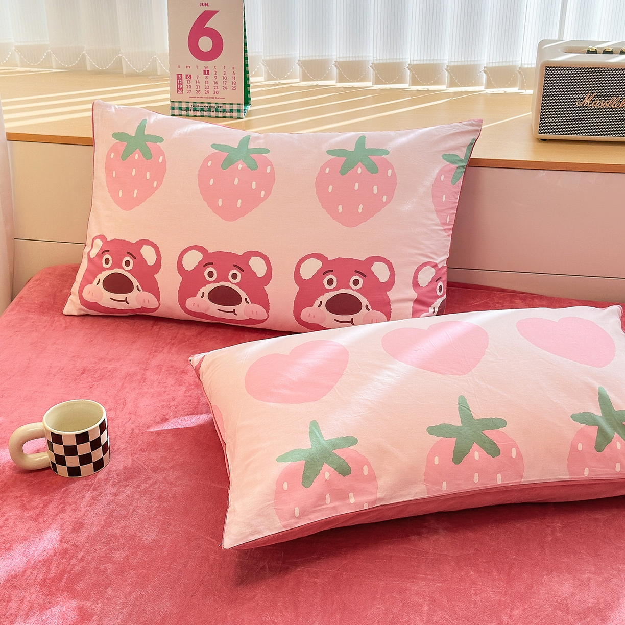 清雅福 2025新款秋冬新品全棉印花棉加绒单枕套单品枕套枕套单件 棉绒-甜心熊