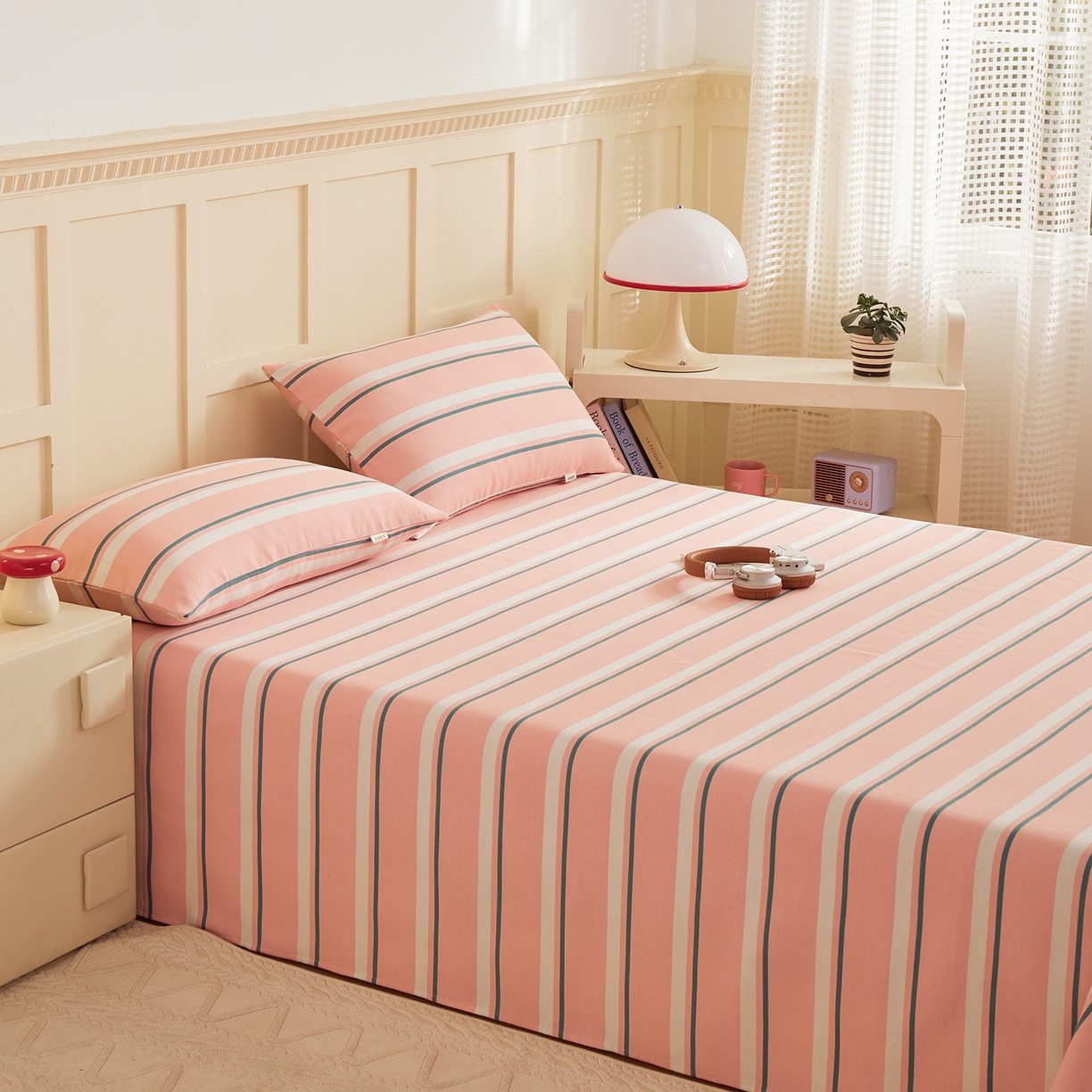 91家纺网 家纺一手货源 找家纺 青泽家纺 2025新款原棉标老粗布系列床单三件套 时尚粉