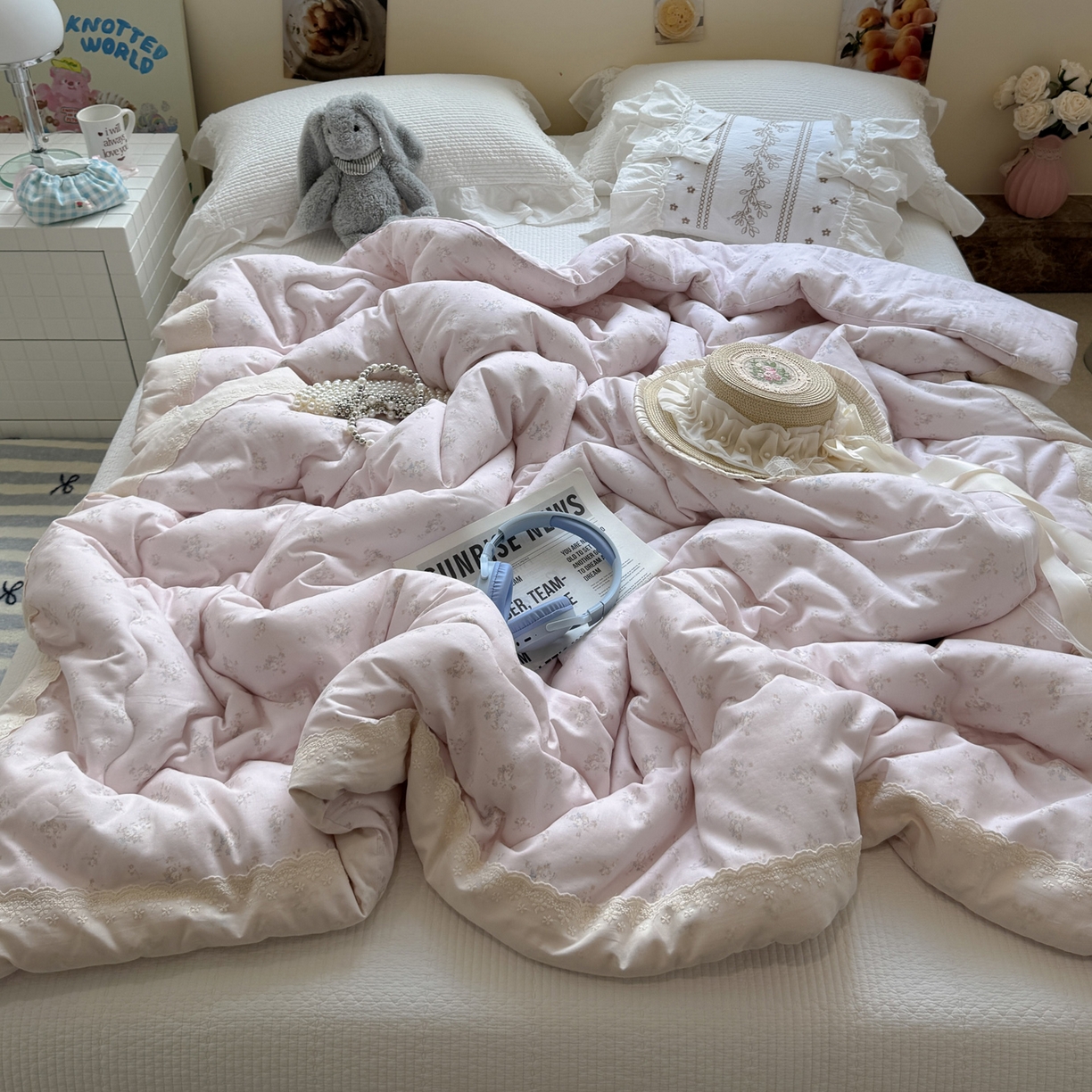 91家纺网 家纺一手货源 找家纺 一加一 2025新款A类全棉纯棉双层纱田园风懒人被冬被被子被芯（可水洗） 玲兰铛-粉