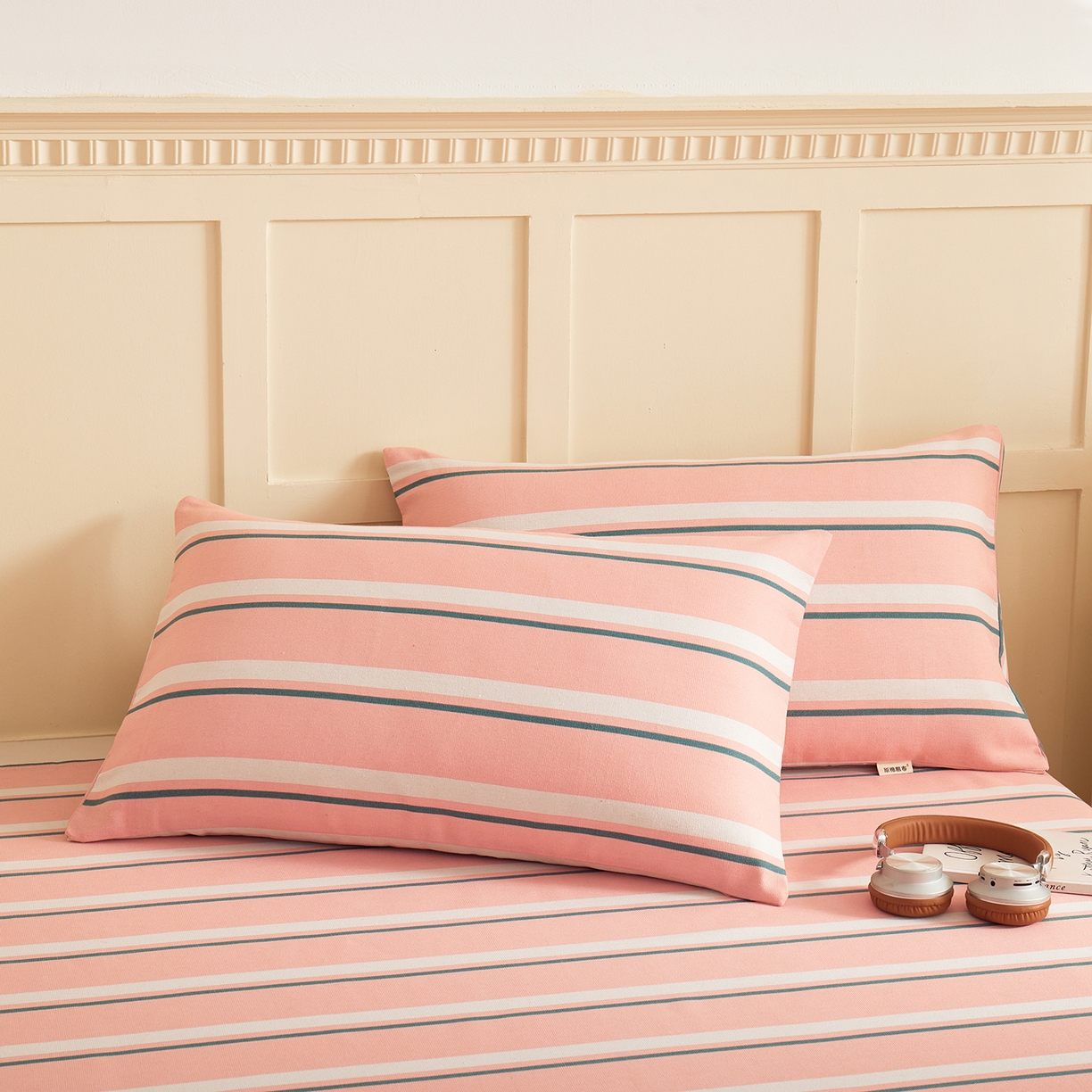 91家纺网 家纺一手货源 找家纺 青泽家纺 2025新款原棉标老粗布系列床单三件套 时尚粉