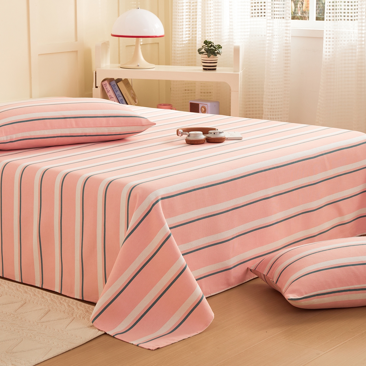 91家纺网 家纺一手货源 找家纺 青泽家纺 2025新款原棉标老粗布系列床单三件套 时尚粉