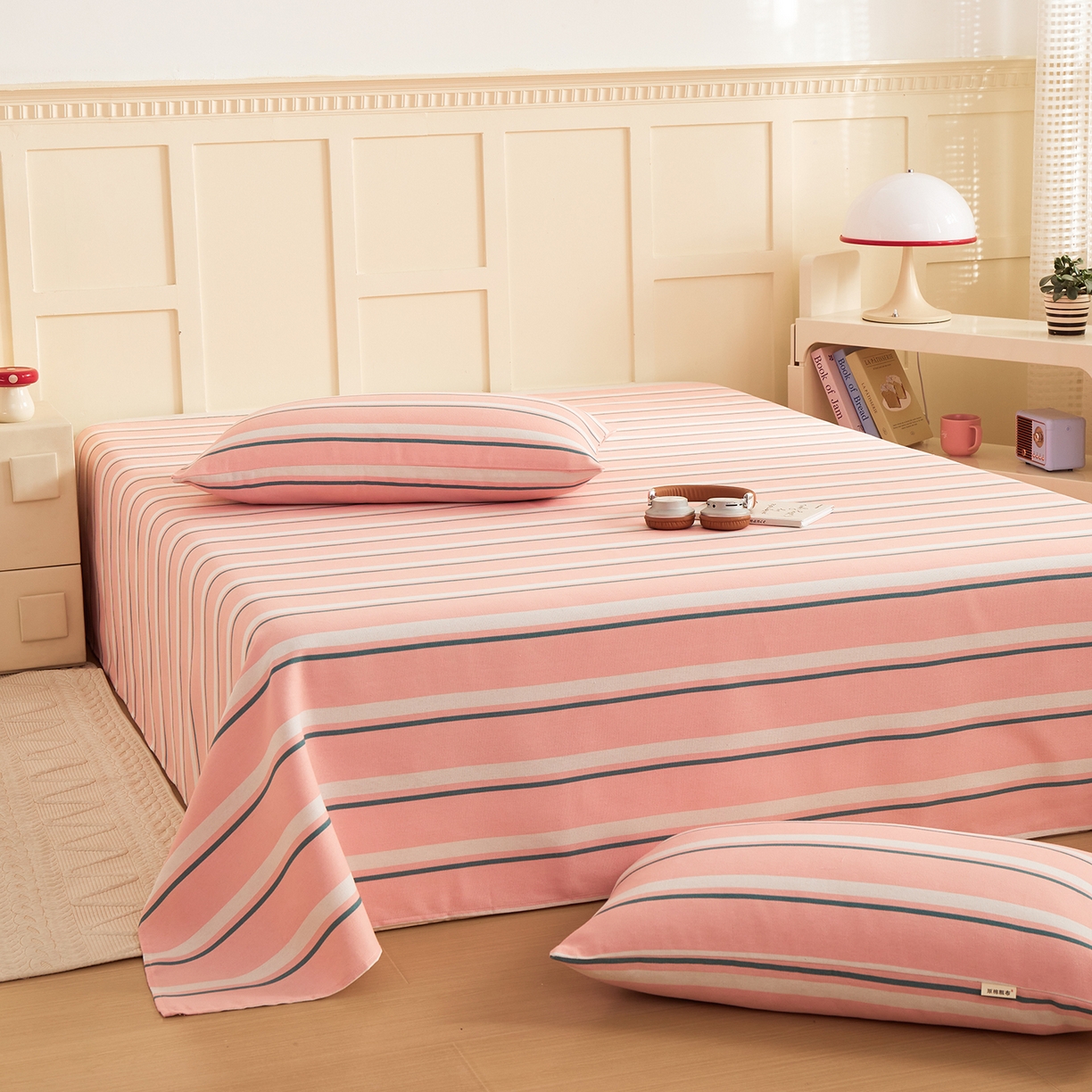 91家纺网 家纺一手货源 找家纺 青泽家纺 2025新款原棉标老粗布系列床单三件套 时尚粉